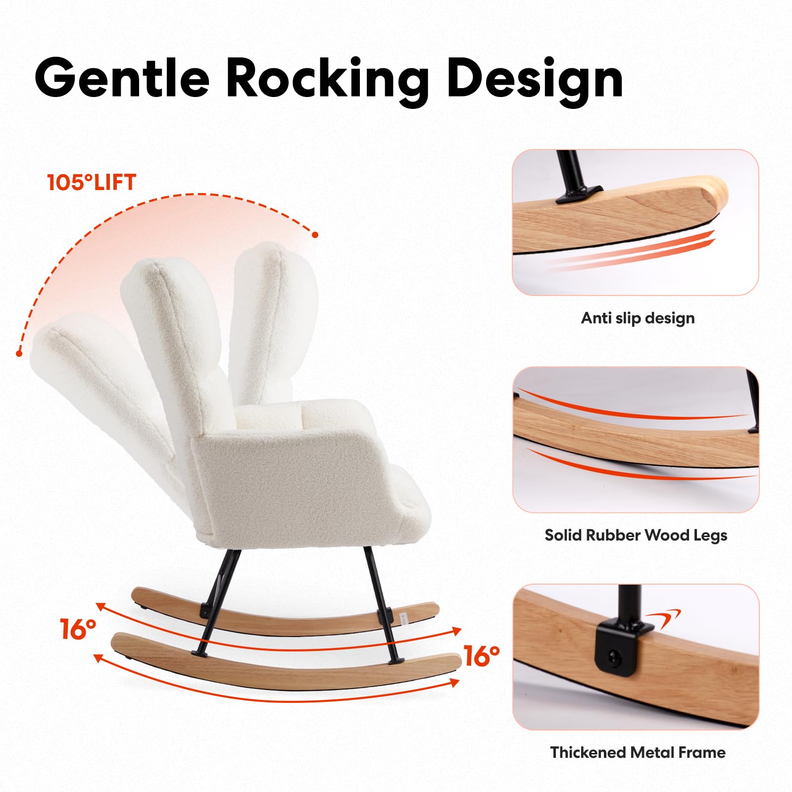 Simple Deluxe Nursery Rocking Chair - Teddy Upholstered Glider Recliner with High Backrest, Comfortable Armchair for Nursing, Reading & Relaxing - Perfect for Nursery, Living Room & Bedroom - White