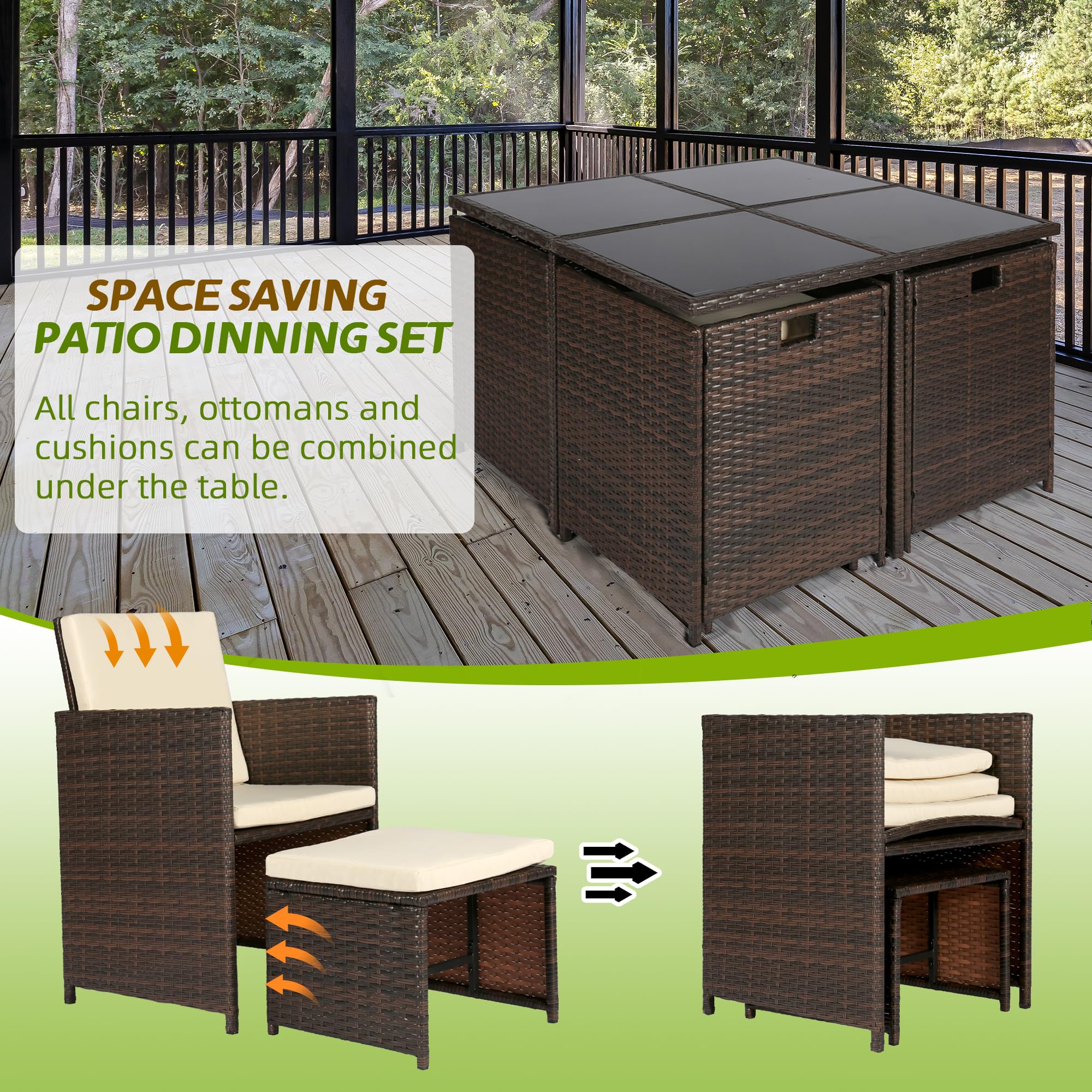 9-Piece Patio Dining Set with Wicker Chairs, Glass Table & Ottomans - Space-Saving Outdoor Conversation Set with Cushioned Seating (Beige) - Perfect for Backyard, Garden, Poolside & Patio Relaxation