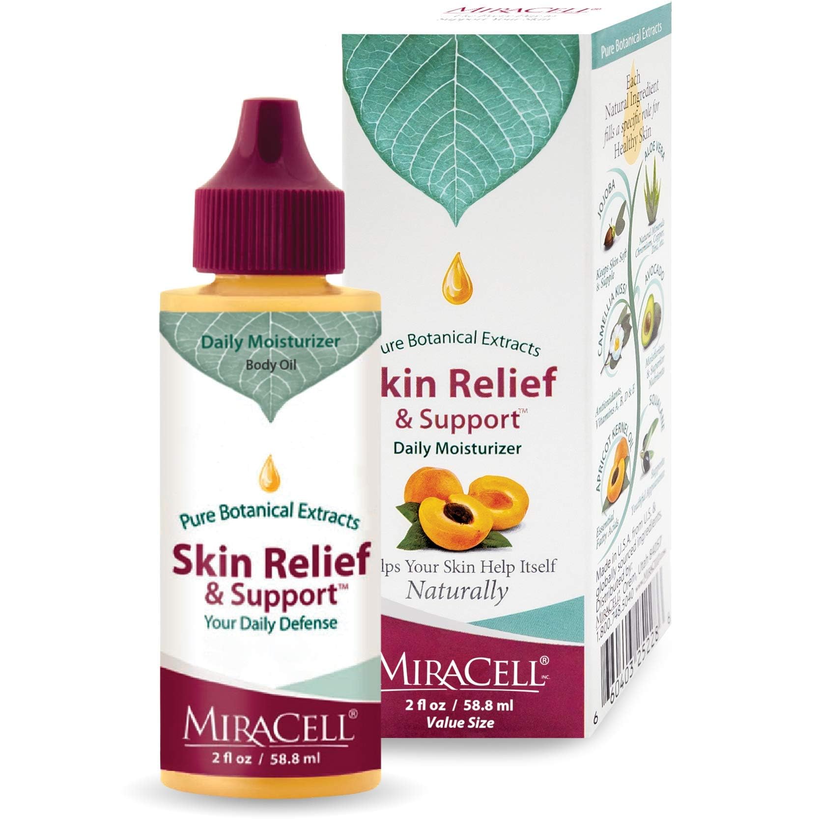 Miracell Skin Relief & Support Serum - 2 oz with Apricot Kernel, Coconut, Sesame, Jojoba, Avocado, Camellia & Rosehip Oils + Vitamin E | Hydrating, Anti-Aging Face & Body Moisturizer for Dry, Sensitive Skin | Day & Night Skincare Routine