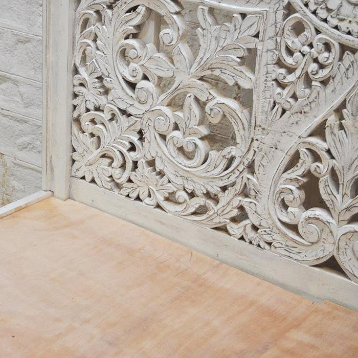Hand Carved Solid Wood Indian Kerri Bed Frame in White - Elegant & Durable Bedroom Furniture for Master Suite or Guest Room