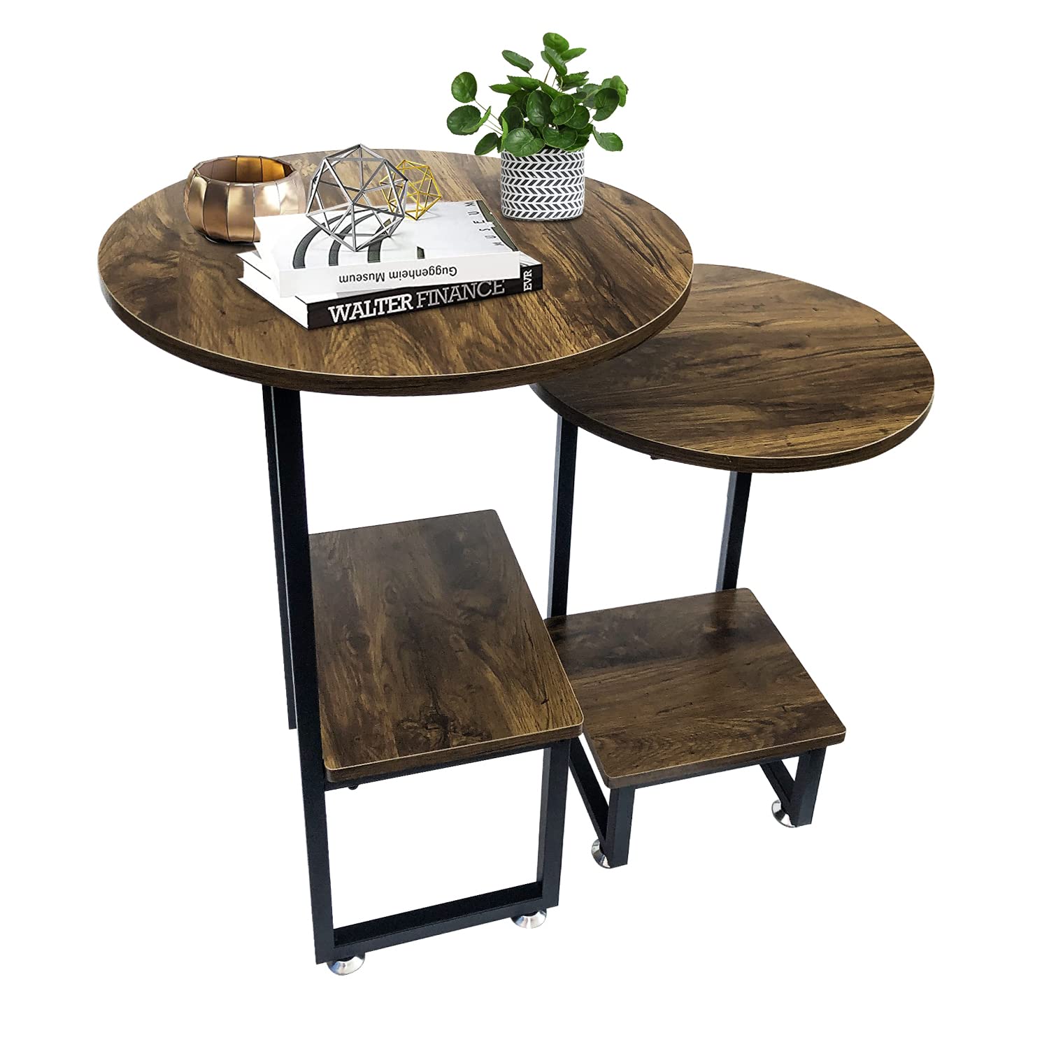 Beey Round Nesting Coffee Table Set of 2 - Farmhouse Style Wood & Metal End Tables with Sturdy Frame - Reclaimed Oak Finish - Perfect for Living Room, Balcony, or Bedroom Decor