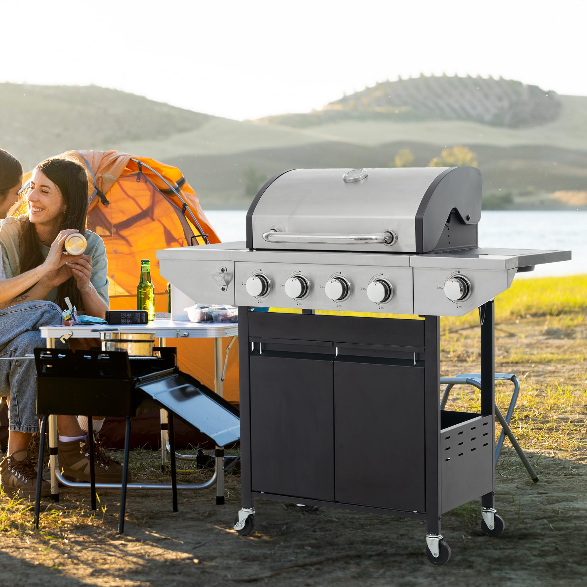 4 Burner Outdoor Propane Gas Grill with Side Burner & Built-in Thermometer - Stainless Steel BBQ Grill with Wheels for Backyard, Patio, Camping & Tailgating - Perfect for Family Gatherings, Outdoor Cooking & Grilling Parties