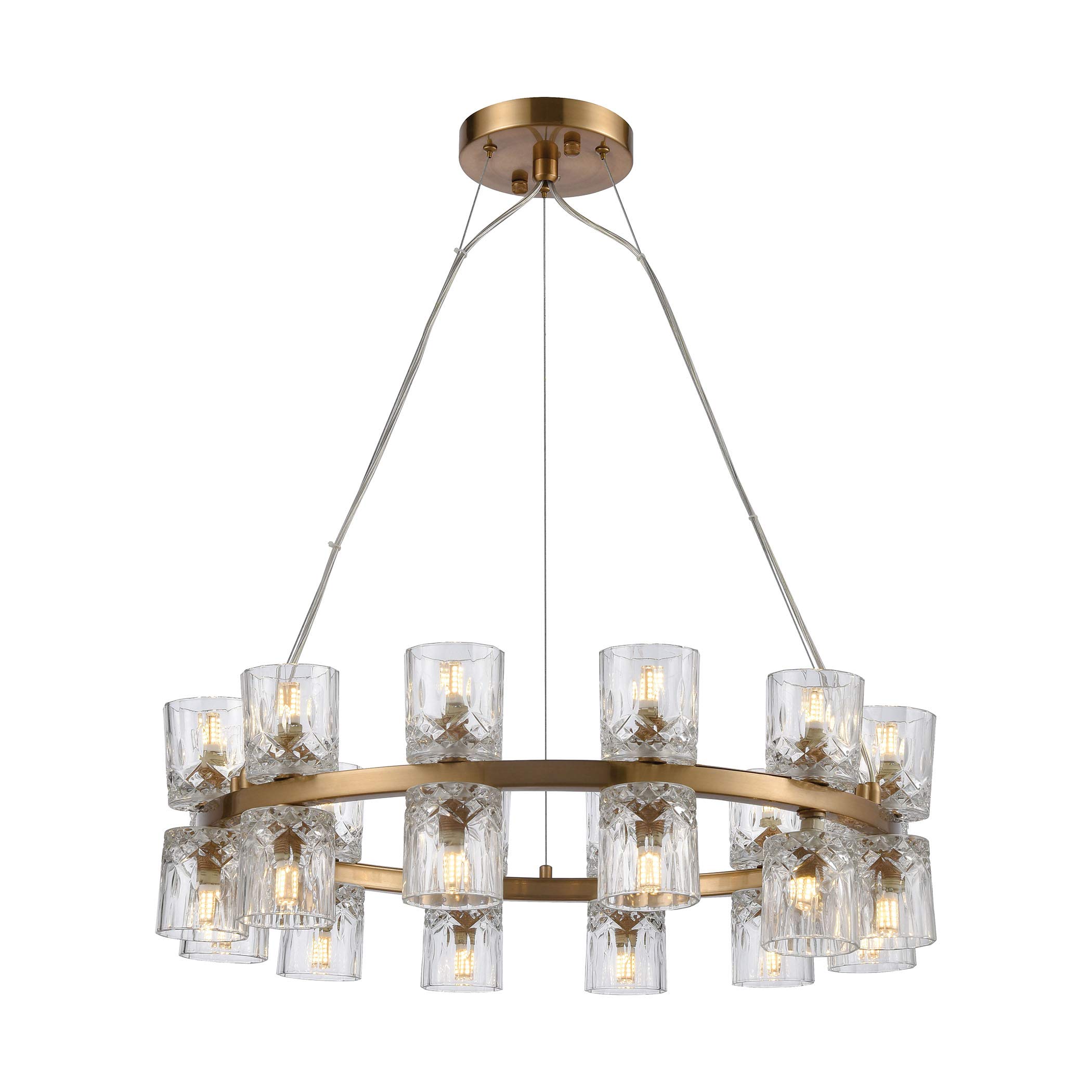 Double Vision 24-Light Chandelier in Clear & Satin Brass - Modern Crystal Ceiling Light Fixture for Dining Room, Living Room, or Bedroom