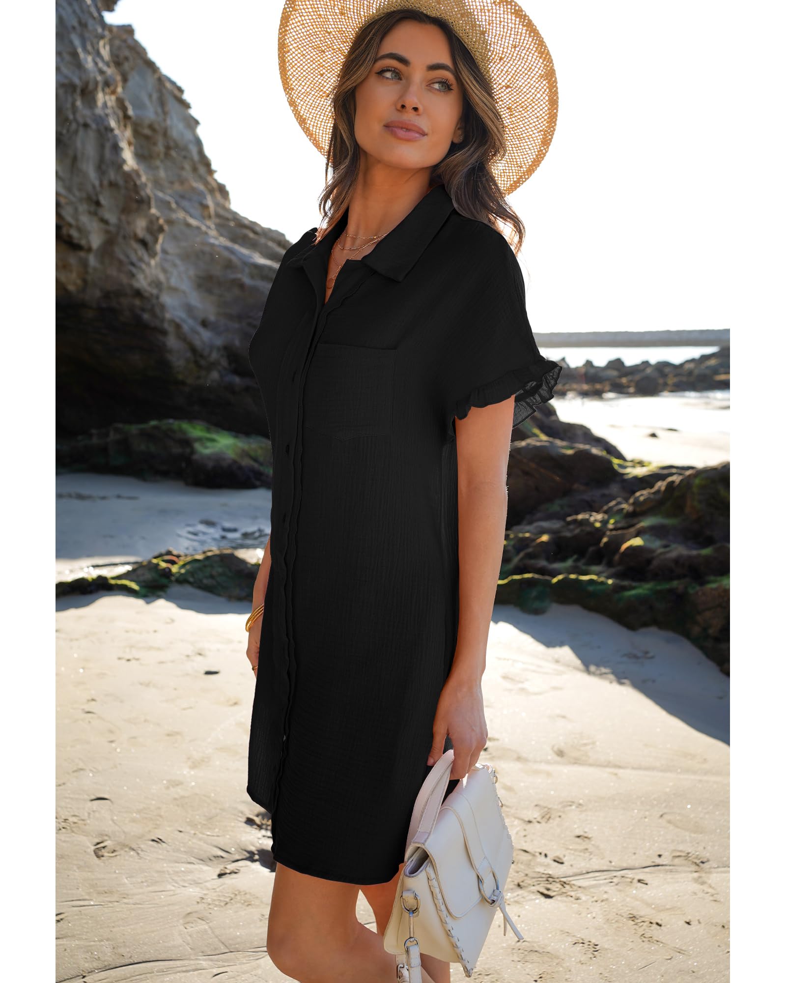Luvamia Women's Cotton Beach Cover Up Dress - Casual Button Down Shirt Dress with Ruffle Sleeves & Pockets | Summer Swimwear, Vacation Outfit, Poolside Lounge Wear