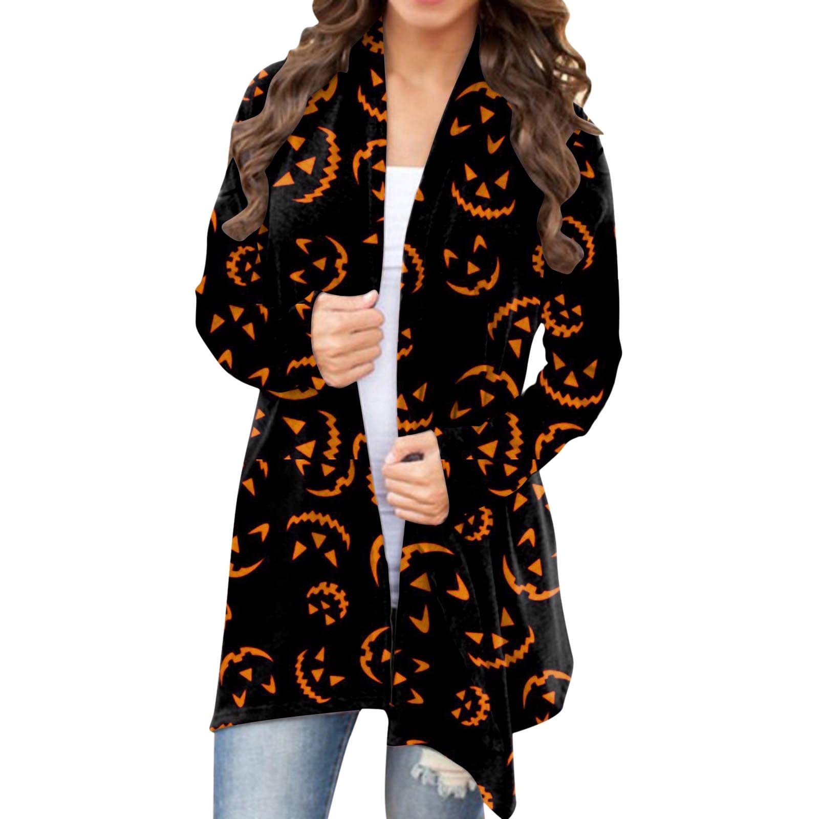 Women's Long Sleeve Open Front Cardigan - Lightweight Pumpkin Cat Print Fall Coat | Cozy Halloween Outfit & Casual Layering Top