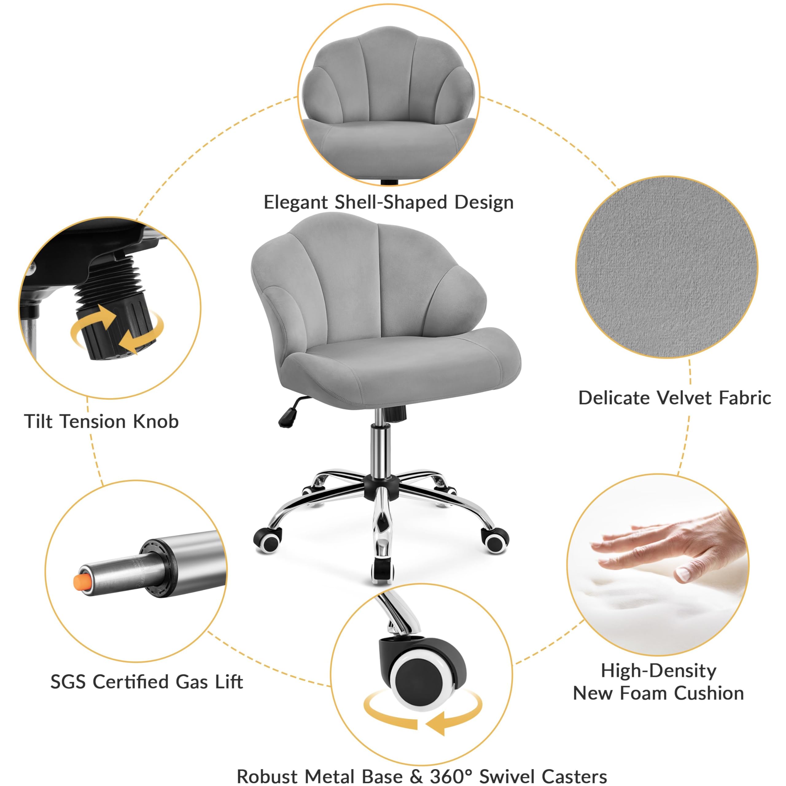 Yaheetech Velvet Swivel Vanity Chair with Wheels - Adjustable Height Home Office Desk Chair with Shell-Shaped Backrest for Bedroom Makeup & Dressing Table (Light Gray) - Perfect for Beauty Salon, Bridal Dressing Room & Home Office Workspace