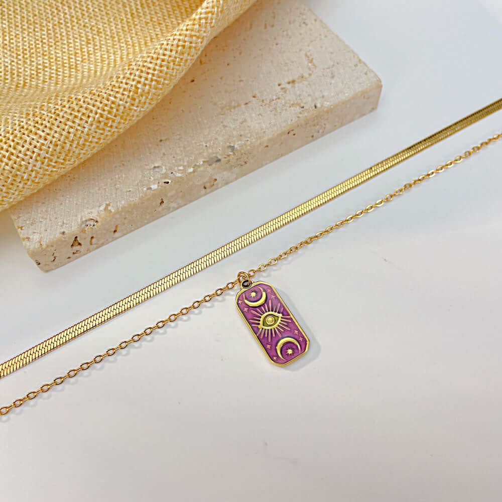 Moon Star Herringbone Pendant Chain Necklace - 18K Gold Plated Stainless Steel Jewelry for Women | GX2279 | Perfect for Date Night, Wedding & Everyday Elegance