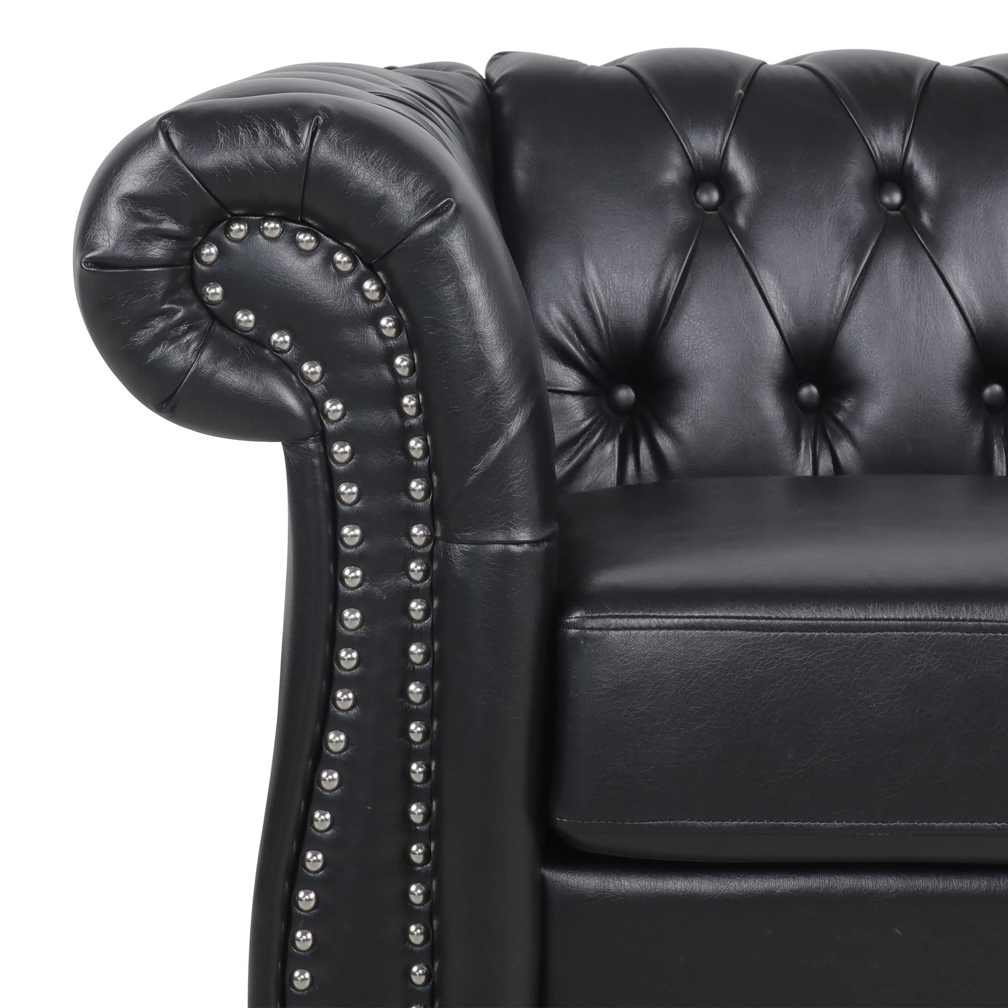 RARZOE Contemporary PU Chesterfield Chair - Faux Leather Club Chair with Button Tufted Design & Nailhead Trim - Scrolled Arm Accent Chair for Living Room, Bedroom, Office (Black) - Perfect for Home Decor, Reading Nook & Lounge Areas