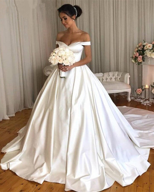 Elegant Satin Off-Shoulder Ball Gown Wedding Dress 2019 | Princess Style Bridal Gown for Formal Weddings, Prom & Evening Events