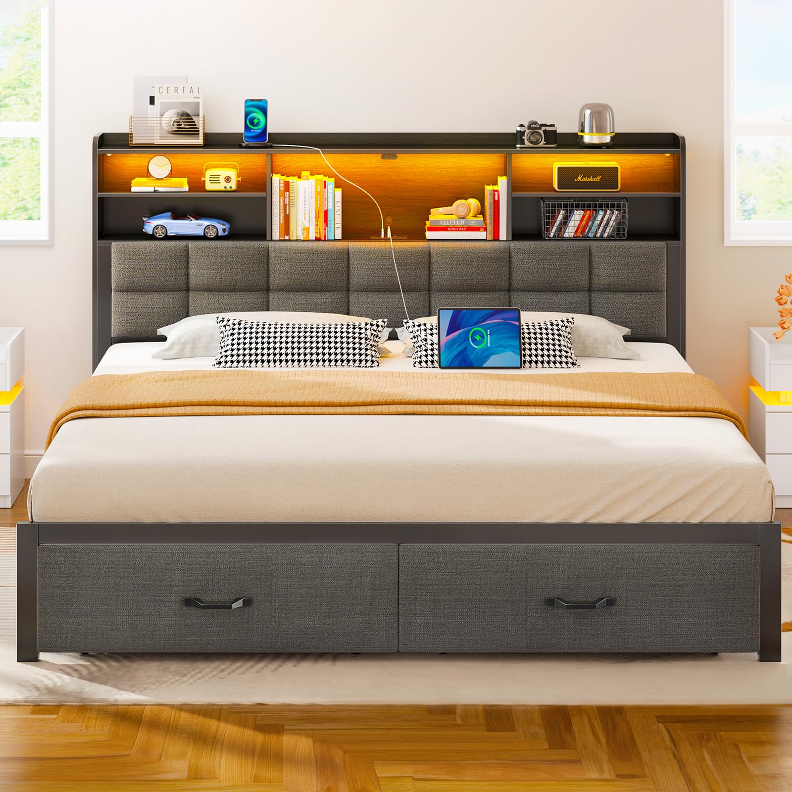 Rolanstar King Size Upholstered Platform Bed Frame with Storage Drawers, USB Charging Station & LED Headboard - Heavy Duty Metal Frame, No Box Spring Needed, Noise Free (Grey) - Perfect for Modern Bedrooms, Guest Rooms & Small Spaces