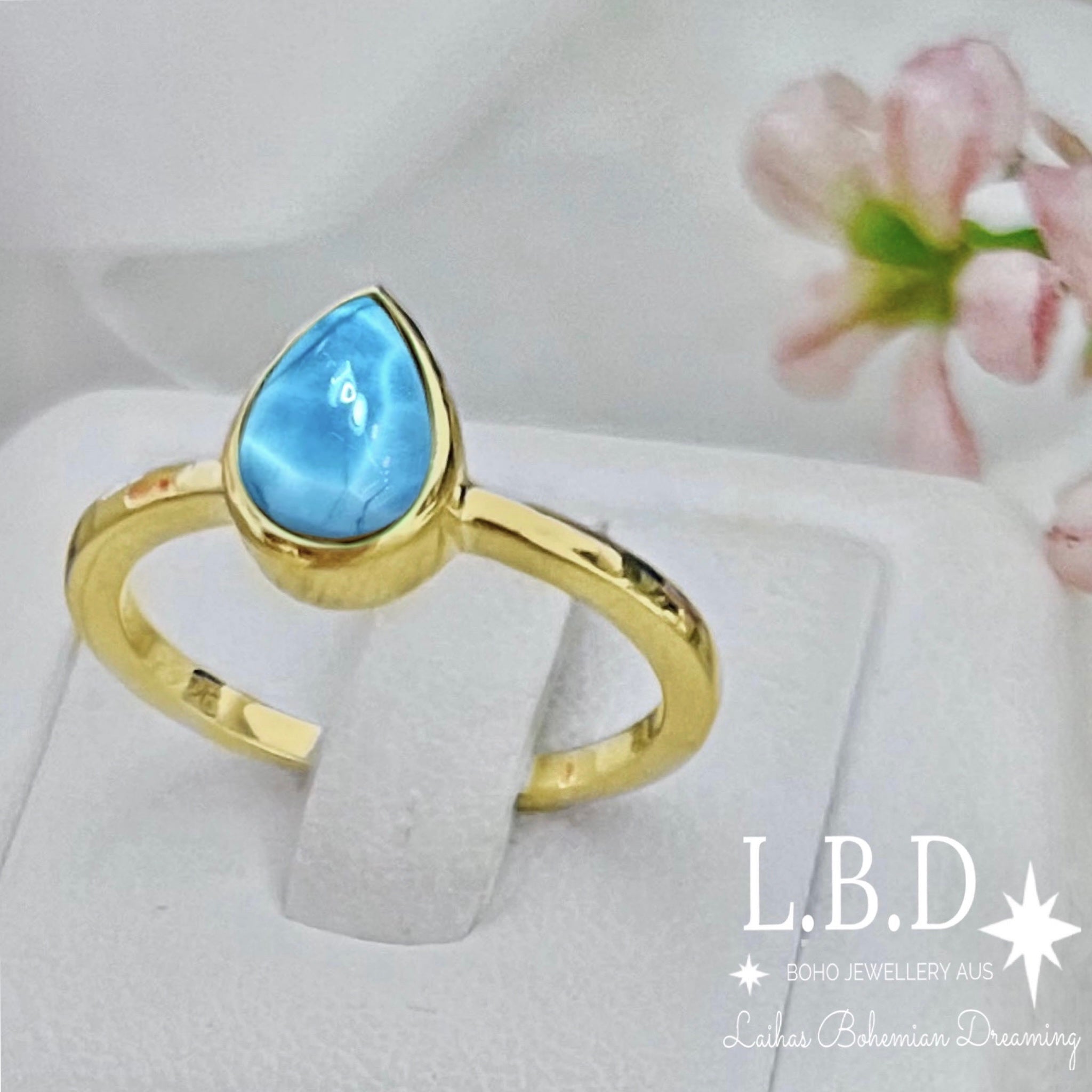 Laihas Mini Tearing Spirit Gold Larimar Ring - Elegant Blue Gemstone Jewelry for Women, Perfect for Everyday Wear, Gift Giving & Special Occasions