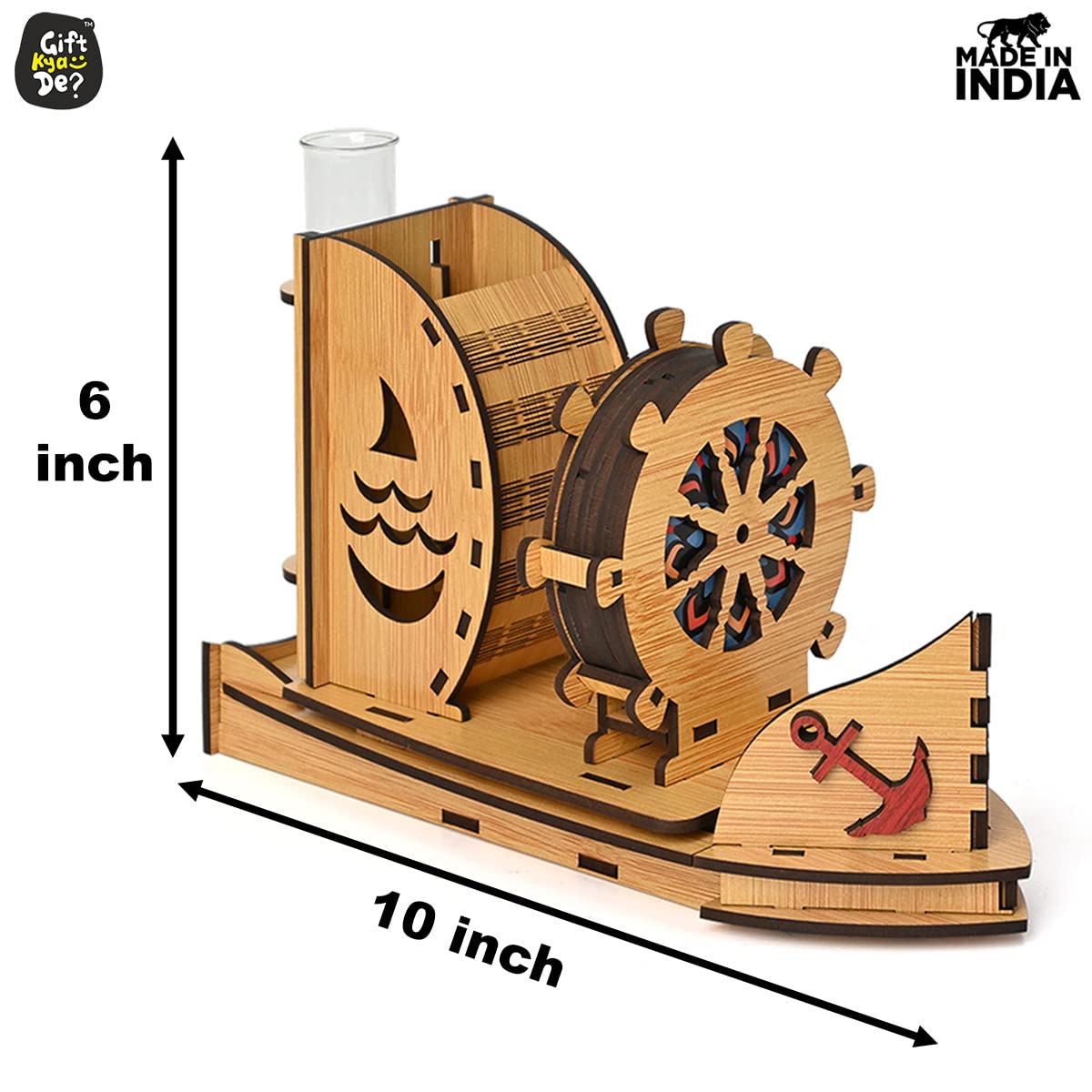 GKD Wooden Coaster Set - 6 Piece Boat Shaped Coasters with Test Tube Planter Holder | Bamboo Drink Coasters for Dining Table Decor & Office Desk Accessories | Perfect for Home Bar, Coffee Table & Kitchen Counter Use
