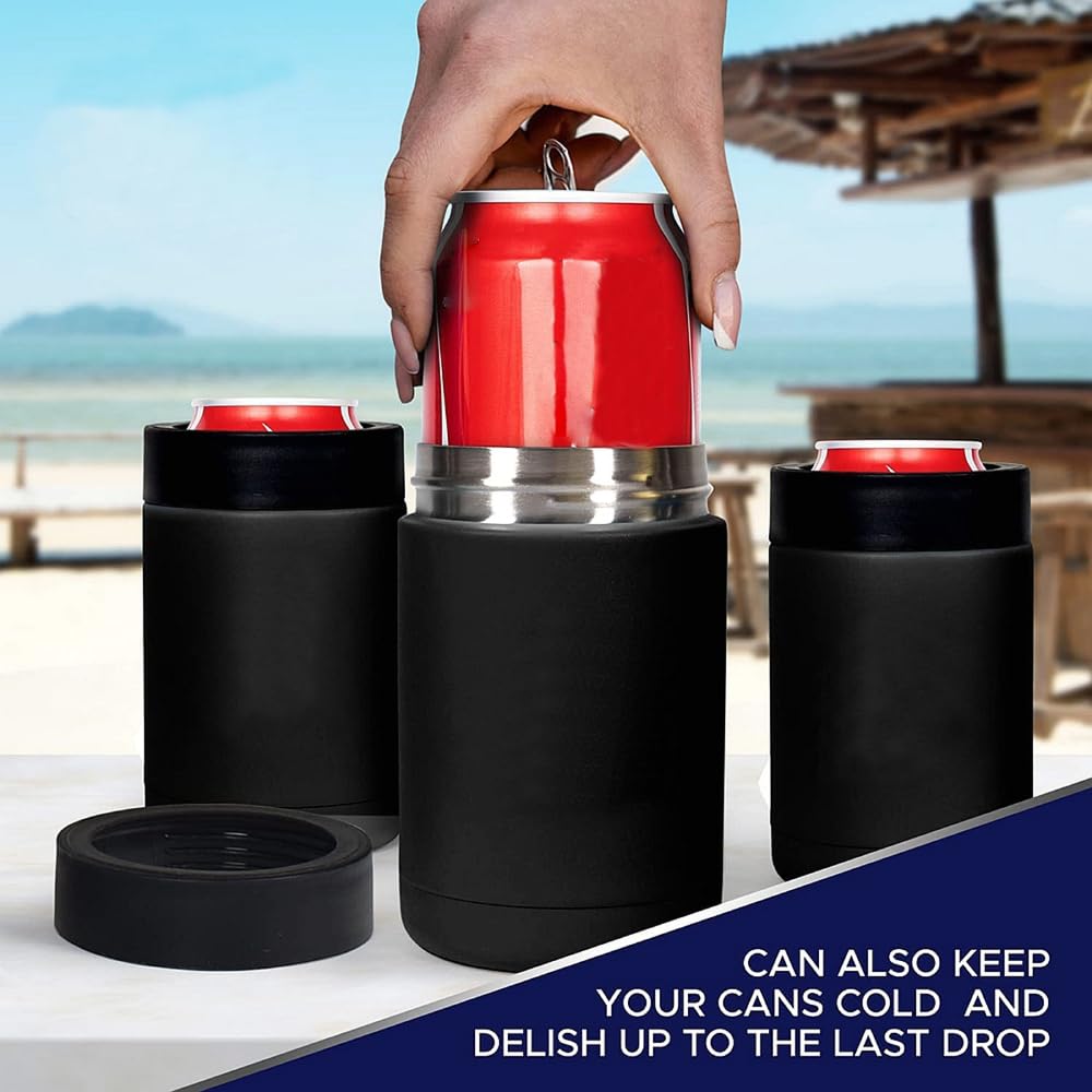 Premium Stainless Steel Beer Bottle & Can Cooler with Built-in Opener - 12oz Double-Walled Insulated Holder with Non-Slip Silicone Base - Keeps Beer, Soda & Drinks Cold - Perfect for BBQs, Parties, Camping & Outdoor Events (Black)