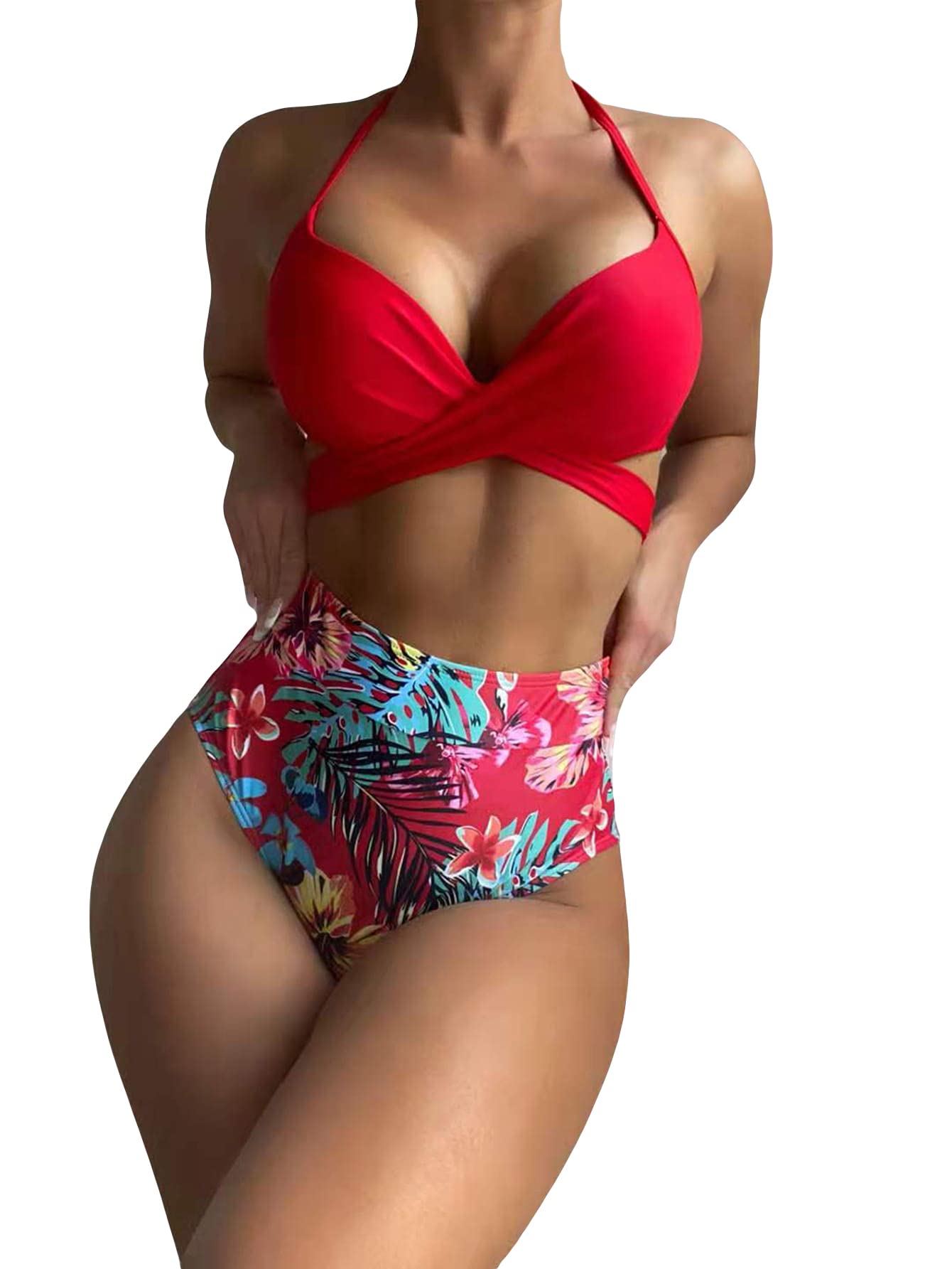 MakeMeChic Women's Printed Bikini Set - Halter Push Up Swimwear for Beach & Pool