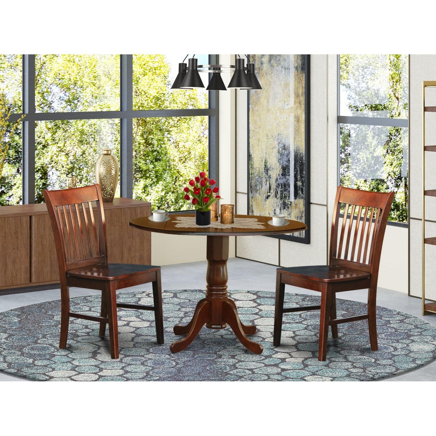 East West Furniture DLNO3-MAH-W 3-Piece Round Drop Leaf Kitchen Table Set with 2 Chairs for Small Spaces, 42x42 Inch, Mahogany - Perfect for Breakfast Nooks, Studio Apartments & Cozy Dining Areas