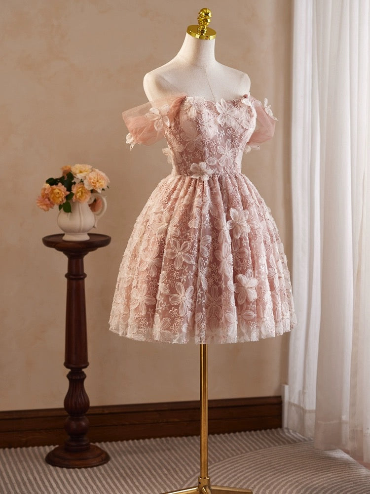 Elegant Pink A-Line Off Shoulder Tulle Lace Short Prom Dress | Homecoming Party Gown | Perfect for Prom Night, Sweet 16, Quinceañera & Formal Dances