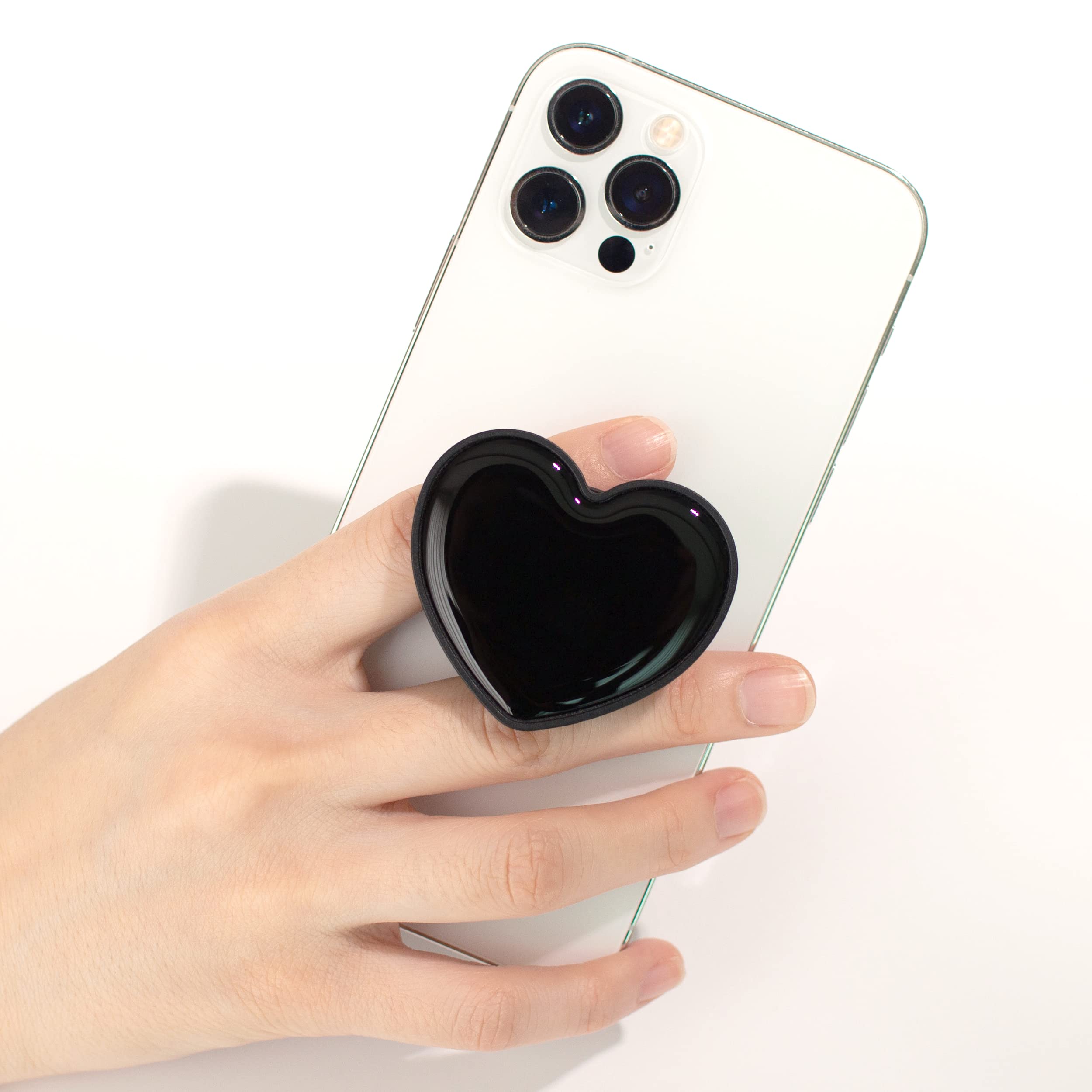 OnTheGrip Cute Solid Macaron Color Heart Shape Collapsible Phone Grip Stand Holder for iPhone Samsung Smartphones & Tablets - Perfect for Watching Videos, Taking Selfies & Hands-Free Calling (Black)