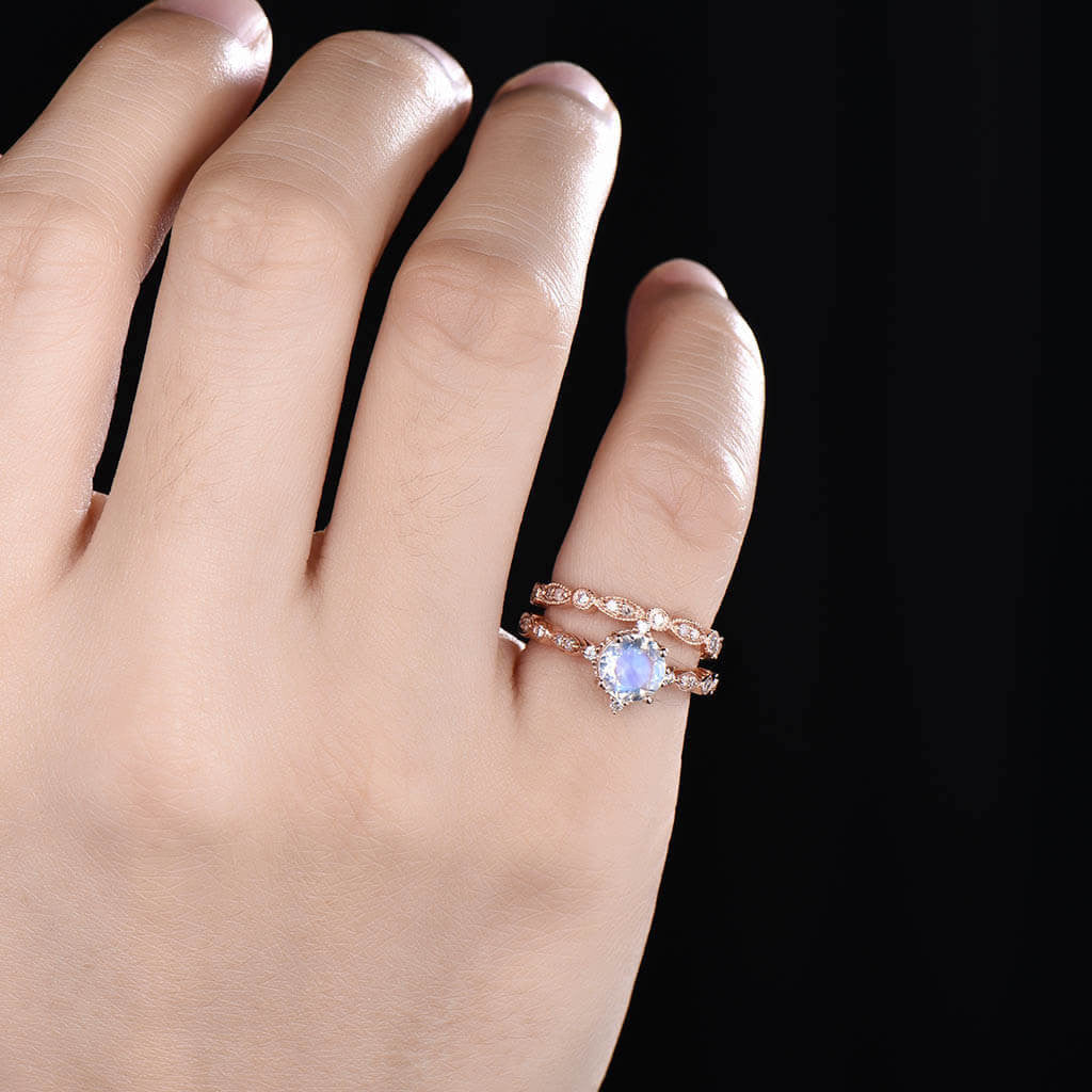 Vintage Art Deco Moonstone Diamond Rose Gold Engagement Ring Set for Women - 2 Piece Promise & Wedding Band - Perfect for Proposals, Anniversaries & Romantic Gifts