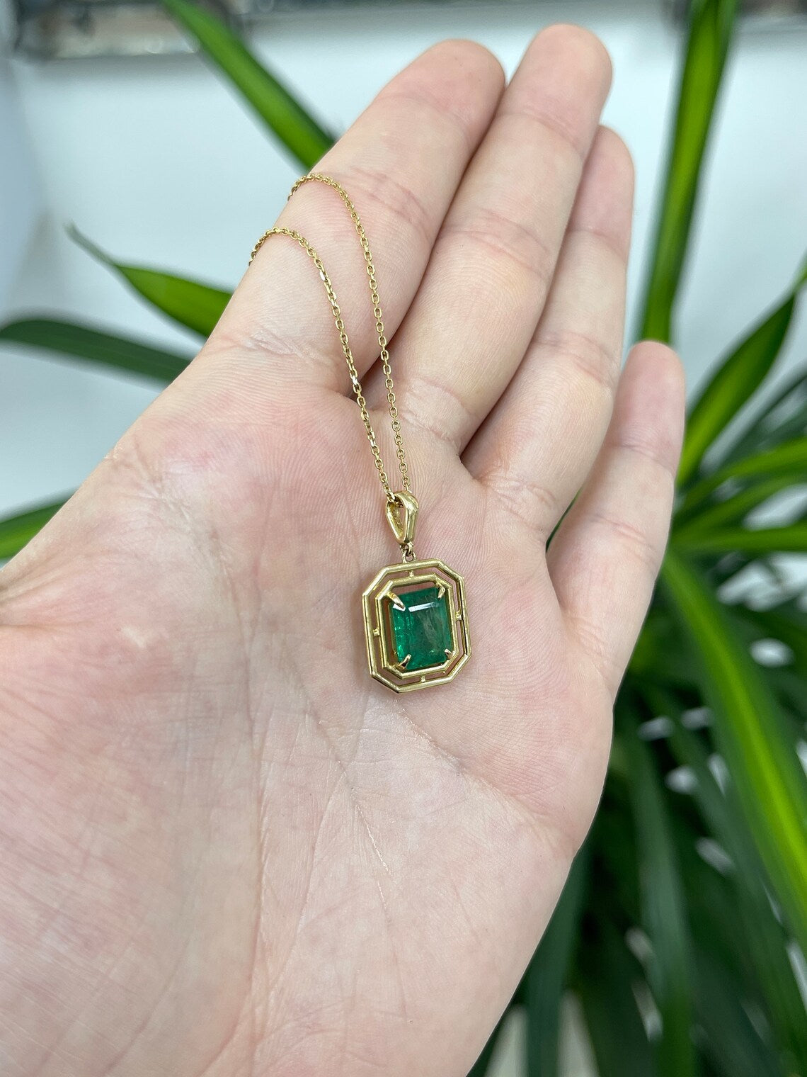 3.18ct 14K Gold Emerald Cut Solitaire Pendant - Modern Geometric Dark Green Emerald Prong Necklace for Women, Elegant Gift for Anniversary, Birthday & Special Occasions