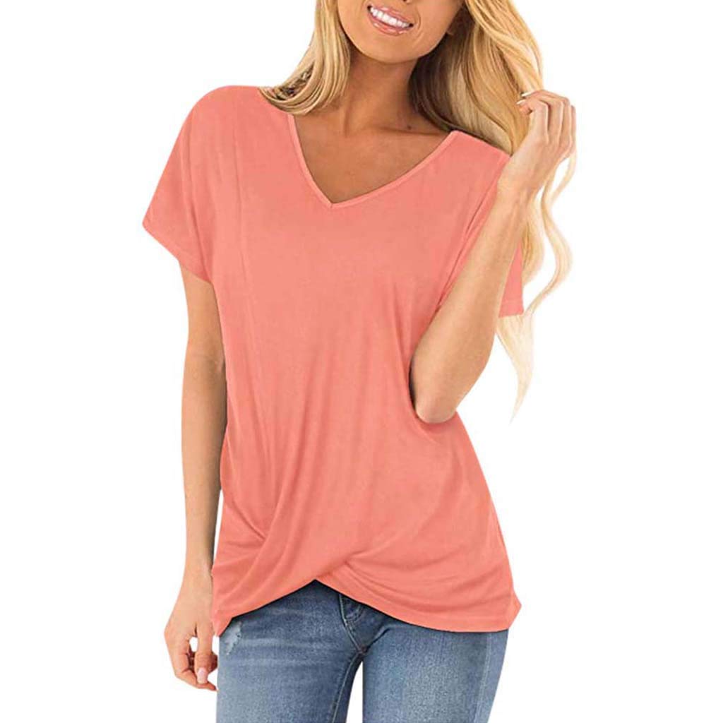Women's Casual Short Sleeve V-Neck Knotted T-Shirt - Solid Color Summer Tops for Everyday Wear | Perfect for Beach, Shopping & Weekend Outings