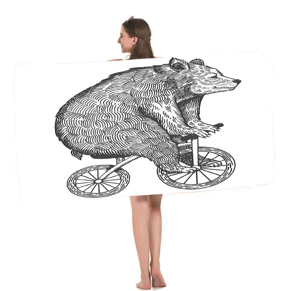Soft & Absorbent HOSNYE Bear Beach Towel - Black Cartoon Animal Circus Bear on Bicycle - Perfect for Swimming, Sports, Beach, Gym & Bathroom - Great for Pool Parties, Summer Vacations & Outdoor Adventures