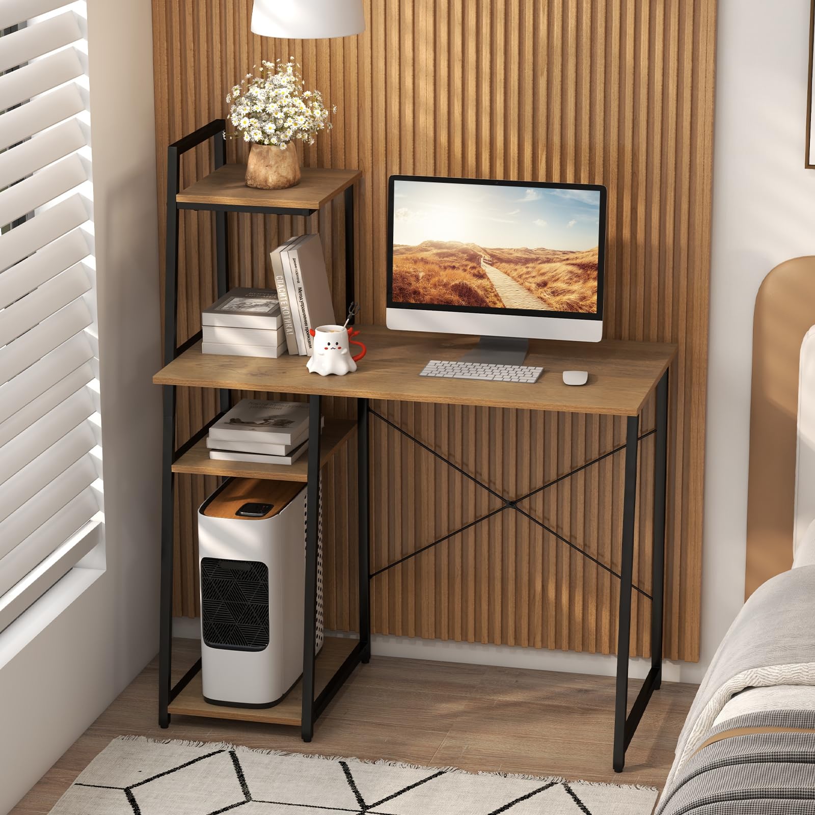 COSTWAY 47.2'' Computer Desk with 4-Tier Storage Shelves | Home Office Writing Desk with X-Shape Frame & Adjustable Feet | Modern Study Desk with Wide Tabletop (Natural/Black) for Small Spaces, Dorm Rooms & Home Offices