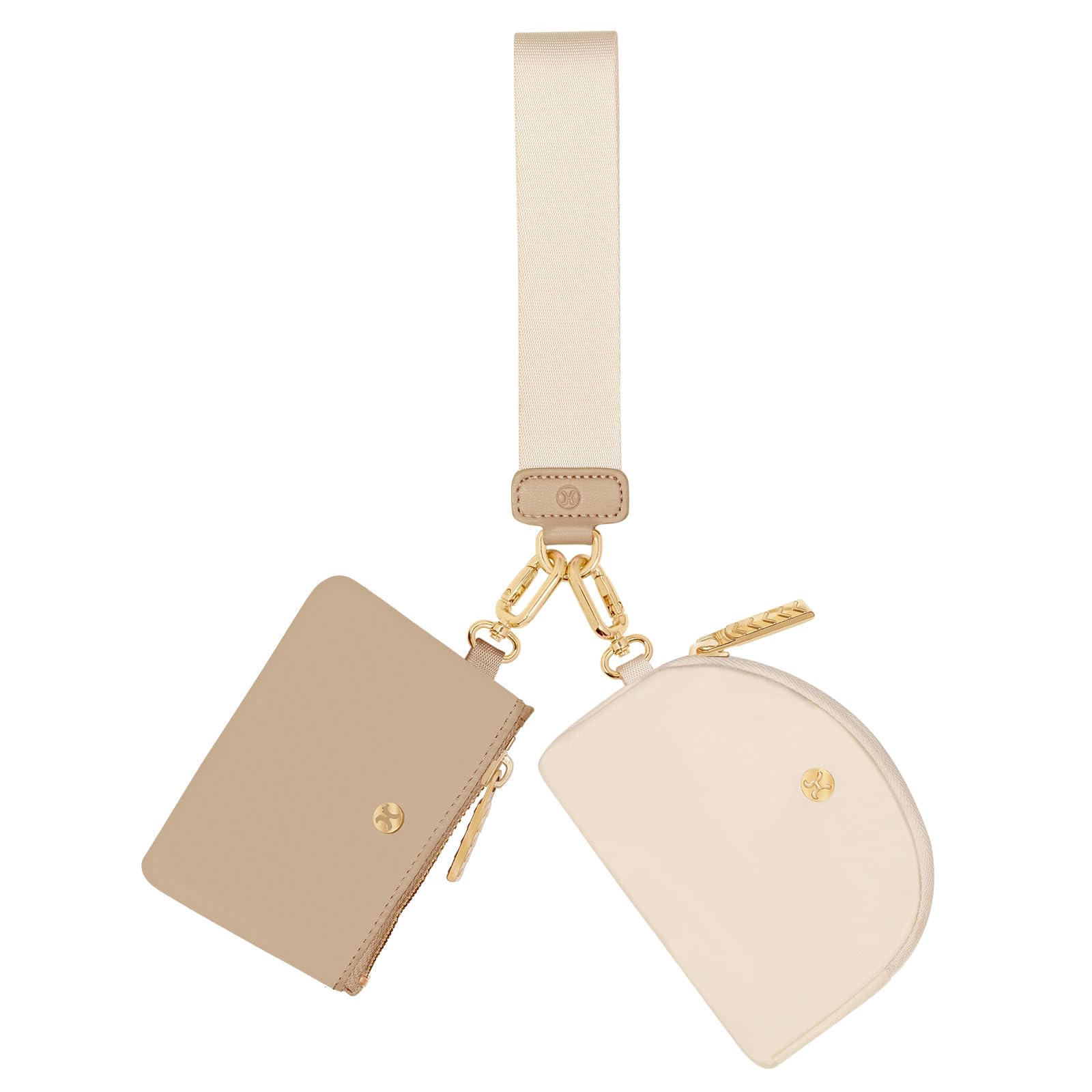 Detachable Keychain Wallet for Women & Men - Dual Pouch Mini Zip Around Wristlet with Coin Purse (Khaki & White) | Portable Travel & Everyday Essentials Organizer