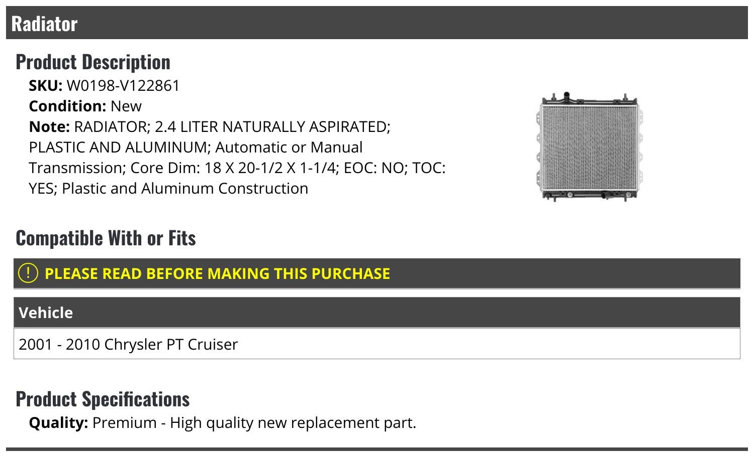High-Performance Radiator with Transmission Oil Cooler for 2001-2010 Chrysler PT Cruiser 2.4L - Fits Both Automatic & Manual Transmissions - Perfect for Engine Cooling & Transmission Protection in Daily Driving & Hot Weather Conditions