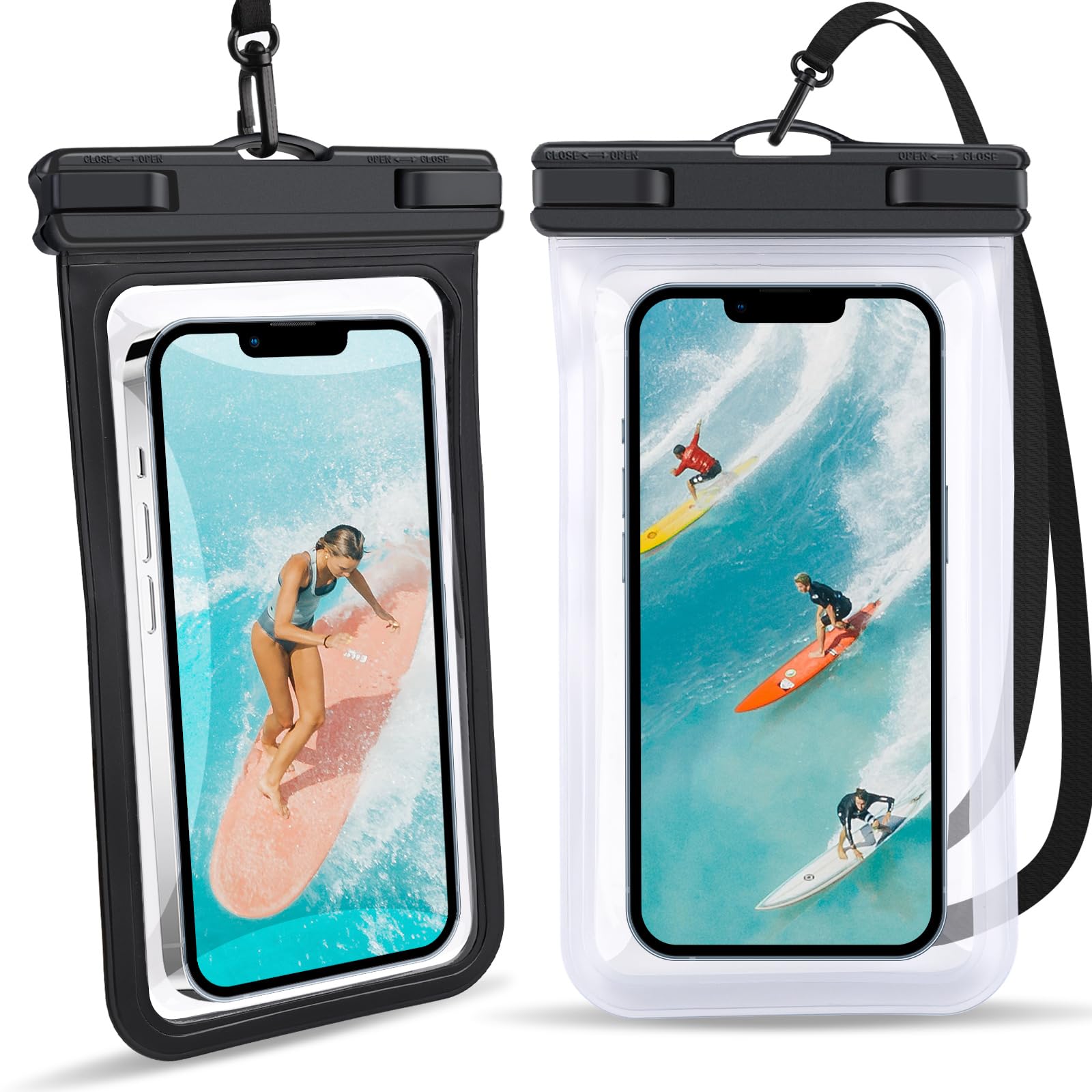 Waterproof Phone Pouch 2 Pack - IPX8 Waterproof Case for iPhone 15 14 13 12 Pro Max Plus Samsung Google Pixel (Up to 7.2 Inch) - Underwater Dry Bag for Kayaking, Swimming, Beach & Cruise - Clear & Black - Perfect for Water Sports, Travel & Outdoor Activities