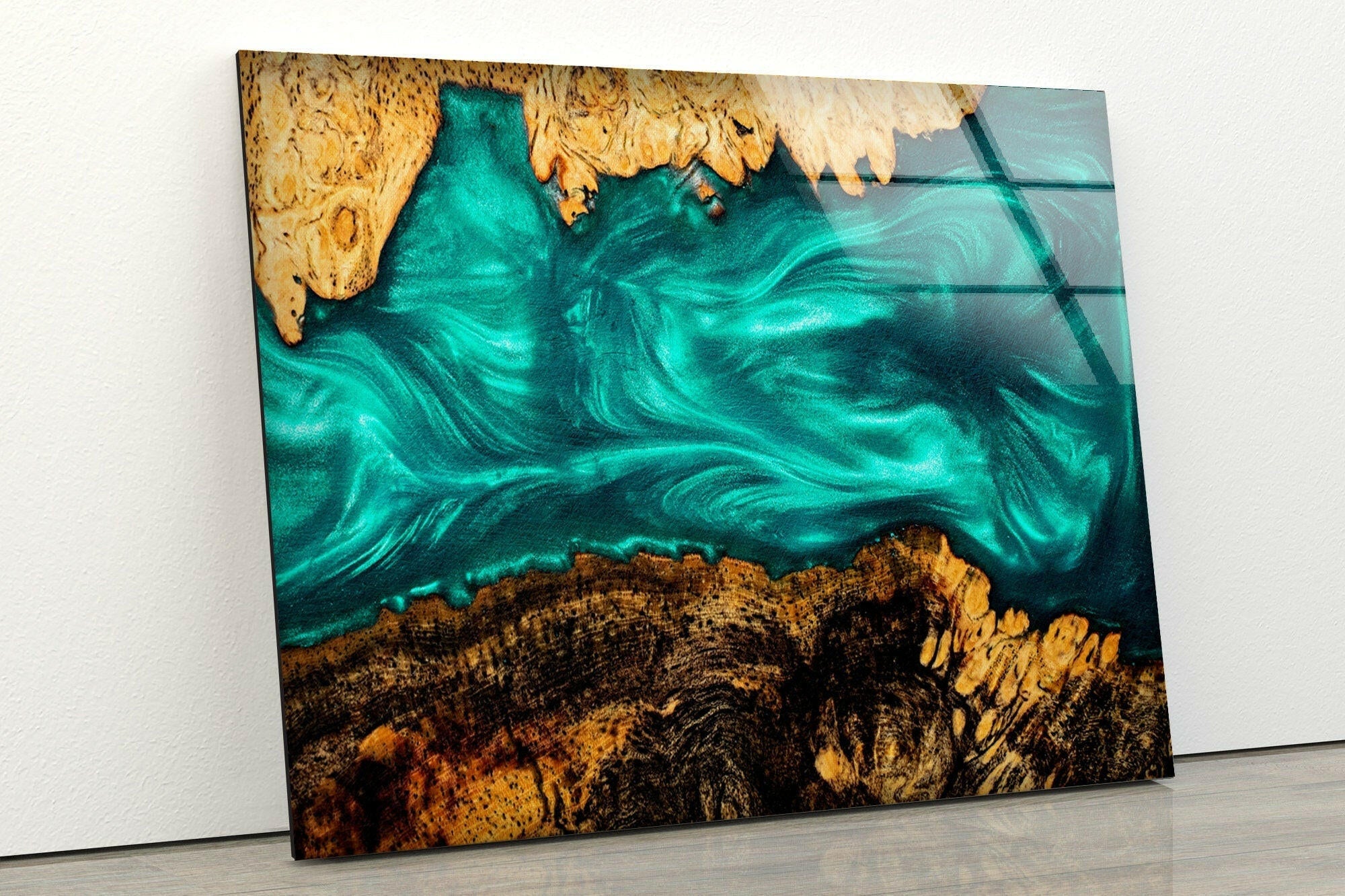 Blue Epoxy Resin Abstract Glass Wall Art - Handmade Modern Home Decor for Living Room, Bedroom & Office