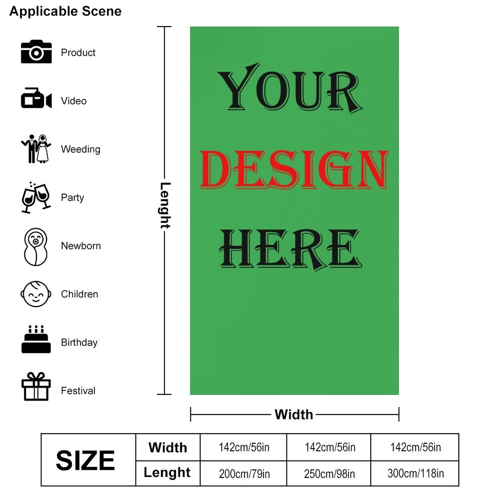 Custom Photography Cloth Backdrop - Personalized Green Photo Studio Background with Logo/Text (56×98 inches) | Perfect for Portrait Studios, Photobooth Props & Product Photography