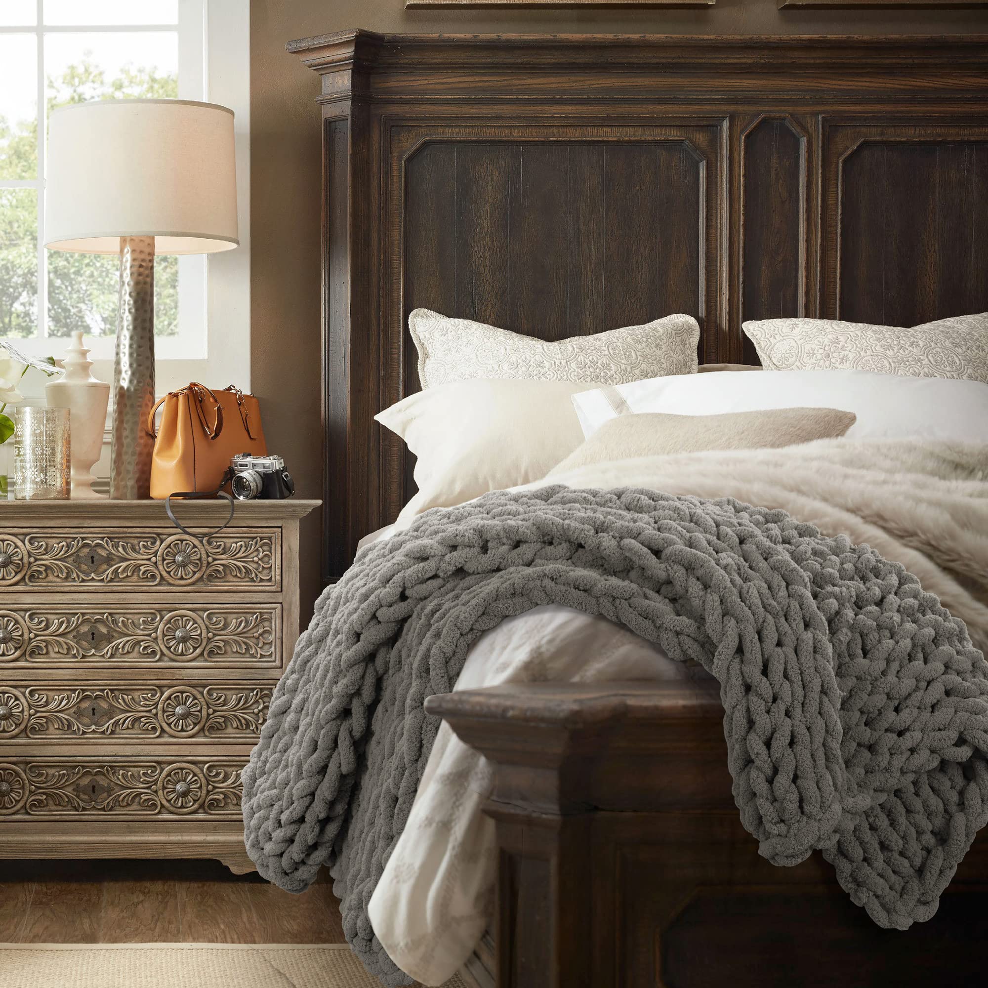 Donna Sharp Chenille Knitted Dove Throw Blanket - Oversized Loop Pattern Contemporary Decorative Blanket for Sofa, Bed & Home Decor | Cozy Living Room Accent