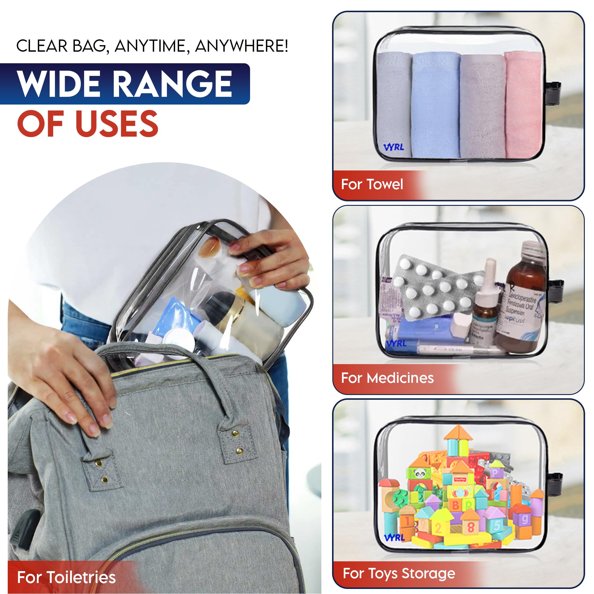 VYRL 2 Pack Clear Makeup Bags - TSA Approved Quart Size 3-1-1 Toiletry Bags with Zipper - Waterproof Durable PVC Travel Cosmetic Organizer for Carry-on Luggage - Perfect for Airport Security & Weekend Getaways - Black