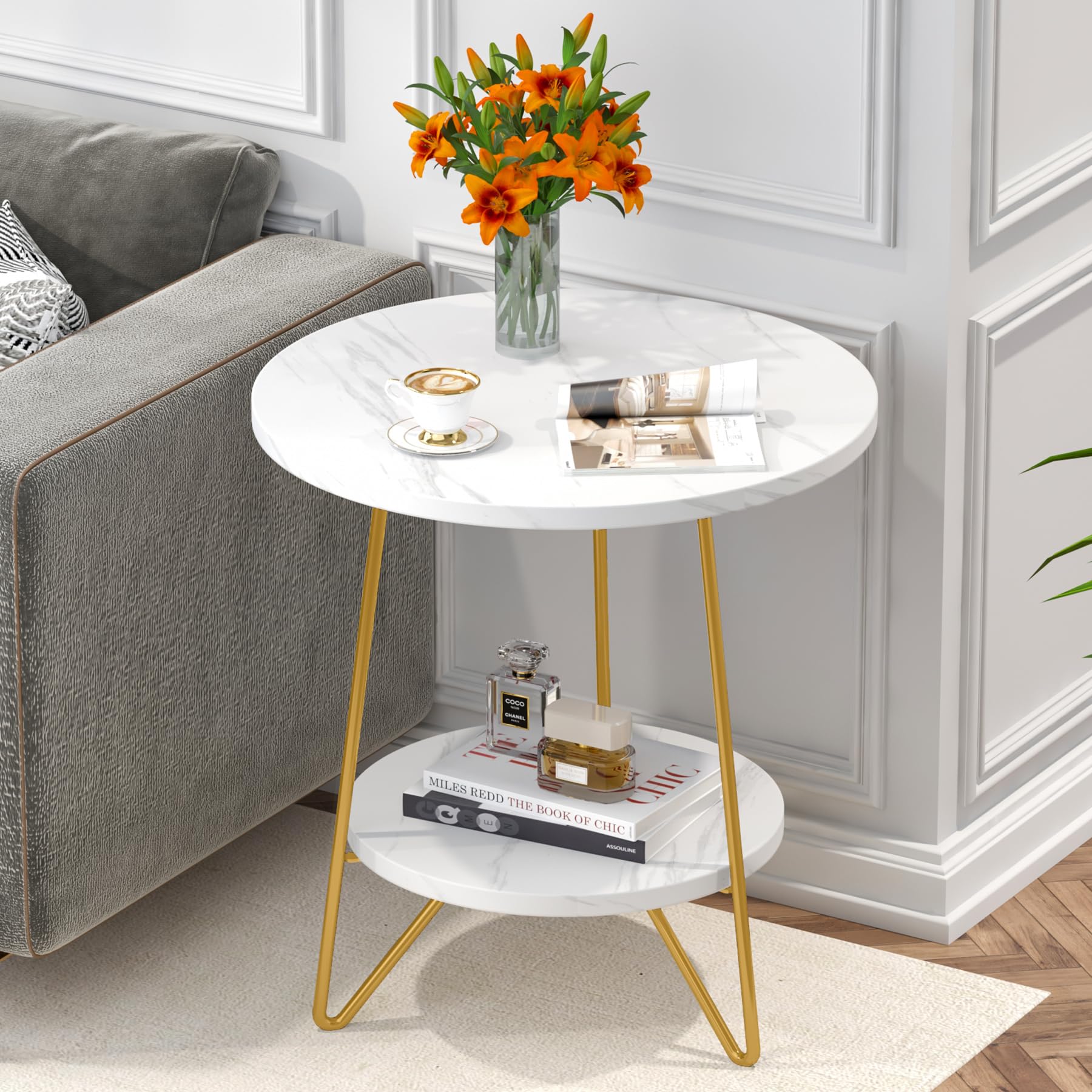 Tribesigns Faux Marble End Table - 2-Tier Round Side Table with Shelves, Modern Gold Nightstand Bedside Table, Small Coffee Accent Table for Living Room & Bedroom - White and Gold Finish - Perfect for Small Spaces, Apartment Decor & Coffee Table Styling