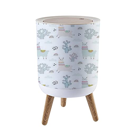 Nordic Style Trash Can with Cute Cactus Print - Modern Scandinavian Push Top Garbage Bin with Lid - Round Kitchen/Bathroom Trash Can with Legs (1.8 Gallon/7L) - Dog Proof & Odor Control for Home, Office, Nursery