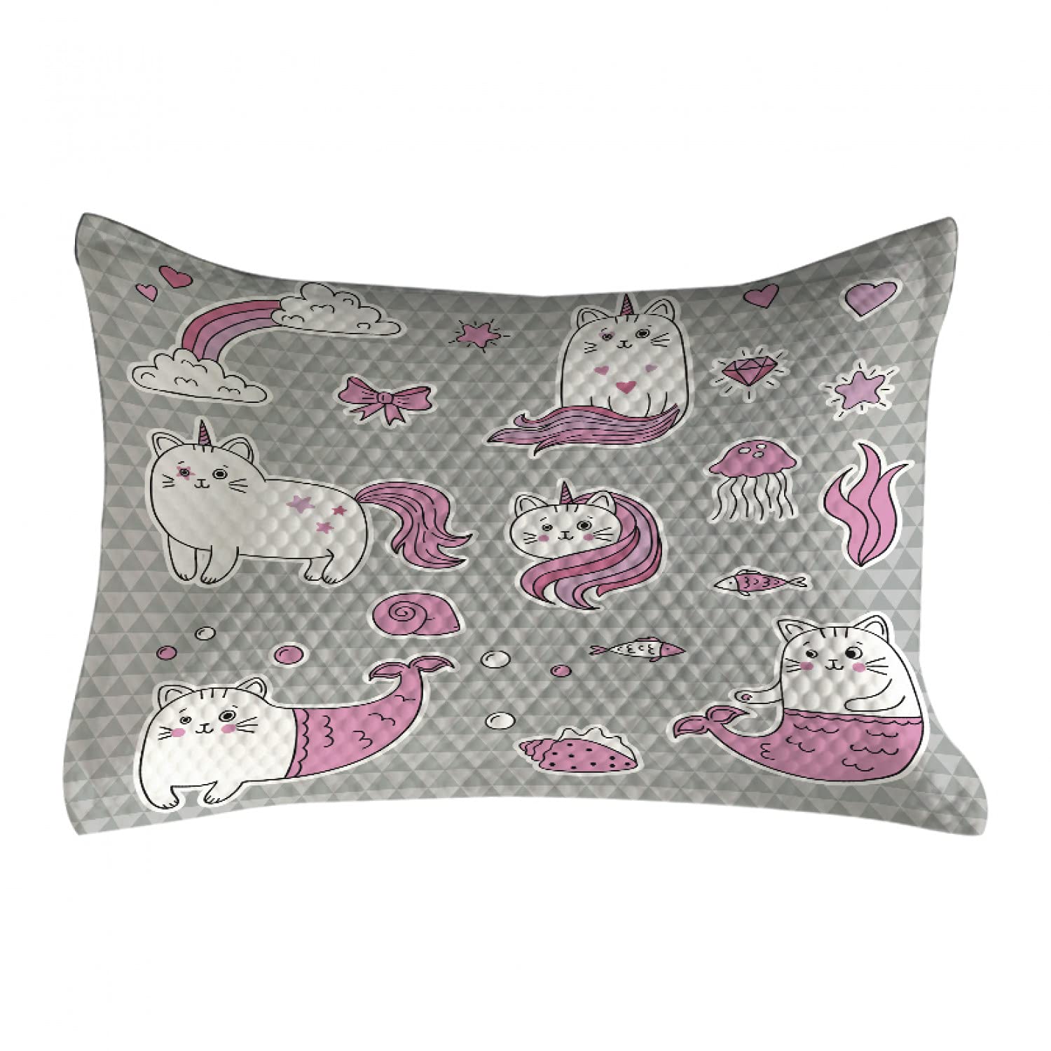 Ambesonne Unicorn Cat Quilted Pillow Cover - 30x20 Inch Standard Queen Size Decorative Pillowcase with Underwater Fantasy Design (Grey, Pale Pink, White) - Perfect for Bedroom Decor, Living Room Accent, and Gift Giving
