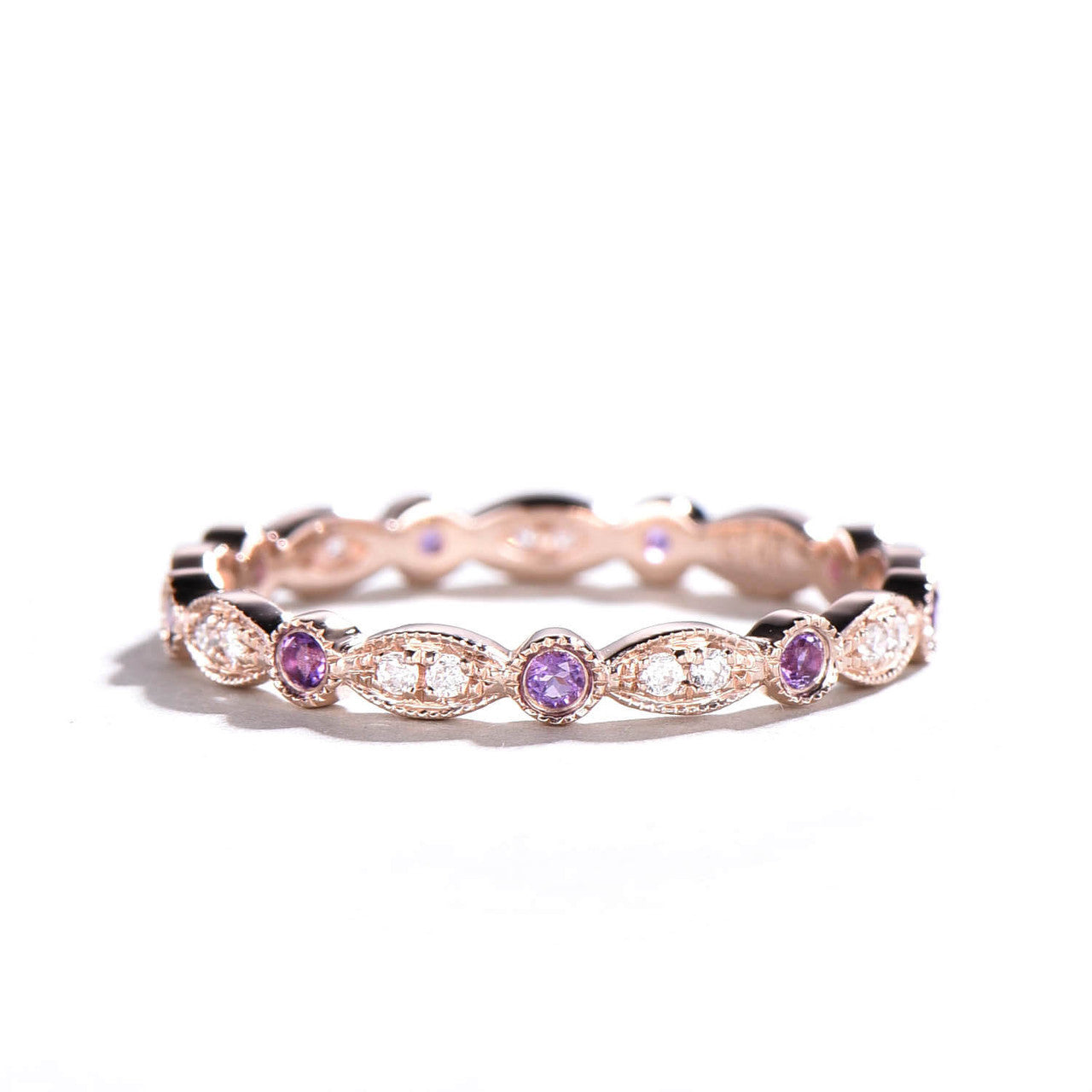 14K Rose Gold Amethyst Diamond Wedding Band - Vintage Marquise Half Eternity Engagement Ring for Women, Stackable Birthstone Jewelry for Bridal, Anniversary & Special Occasions