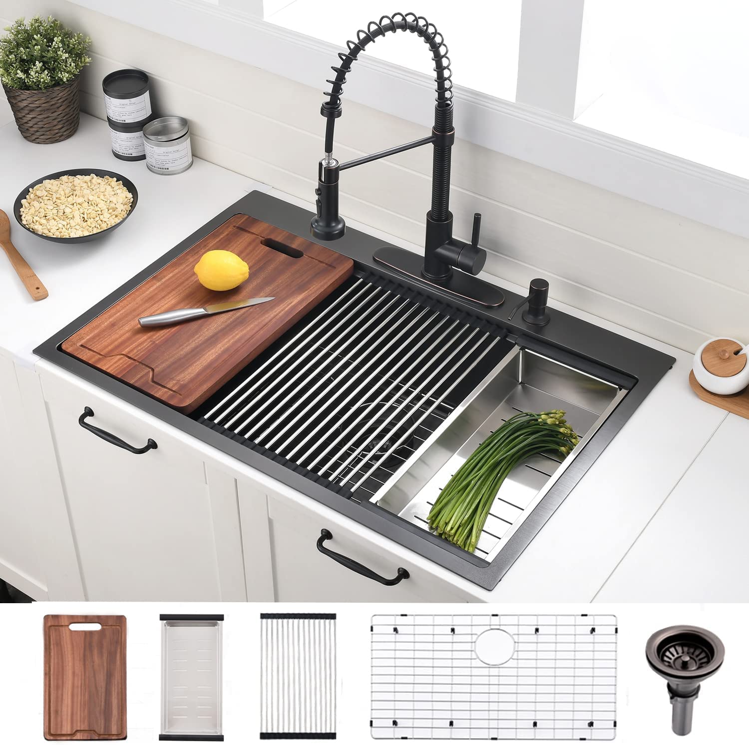 VOKIM 30x22-Inch Drop-in Kitchen Sink Workstation - 16 Gauge Stainless Steel Single Bowl Sink with Cutting Board & Strainer, 10'' Deep, Black (Perfect for Meal Prep & Dishwashing in Modern Kitchens)