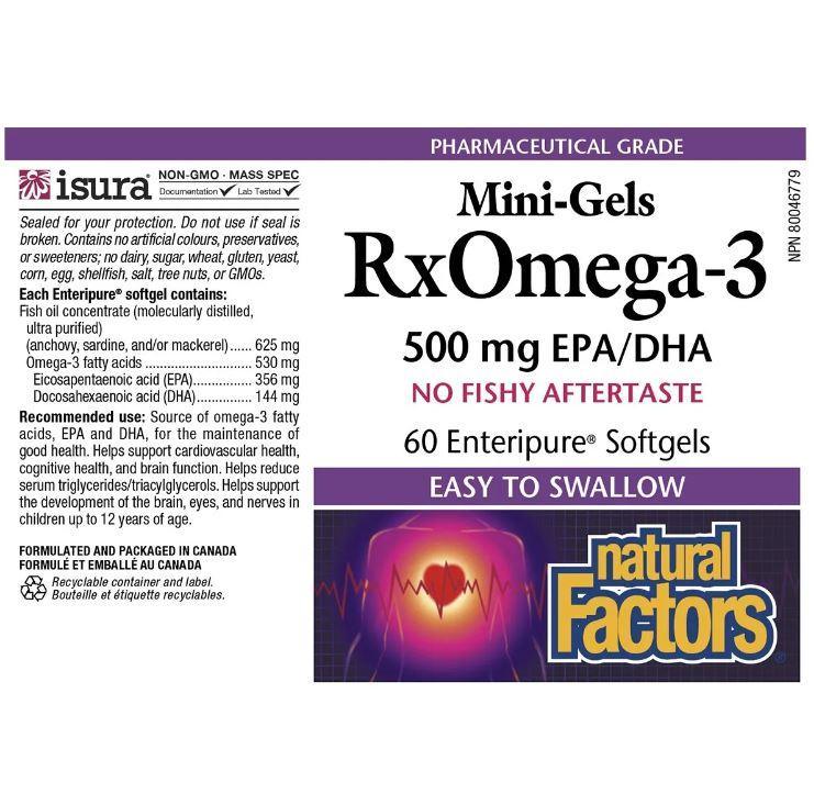 Natural Factors Rx Omega-3 Mini Gels 500mg - 60 Softgels for Heart & Brain Health | Fish Oil Supplement for Adults & Seniors | Supports Cardiovascular Function & Cognitive Performance