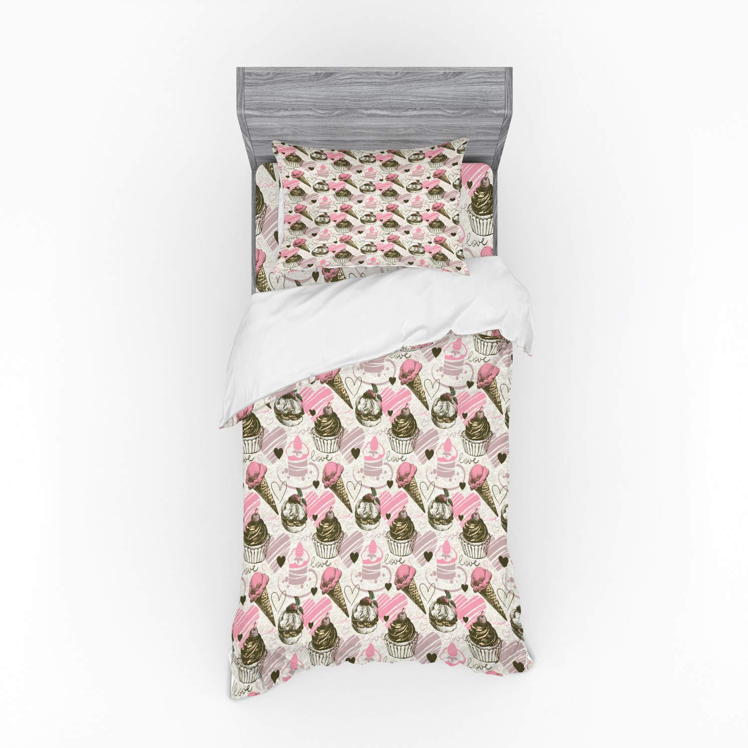 Ambesonne Ice Cream Duvet Cover Set - Grunge Style Cupcakes with Heart Love Romance Design, 3-Piece Bedding Set (Twin Size, Army Green & Pale Pink) for Cozy Bedroom Decor & Teen Girl Room Aesthetic