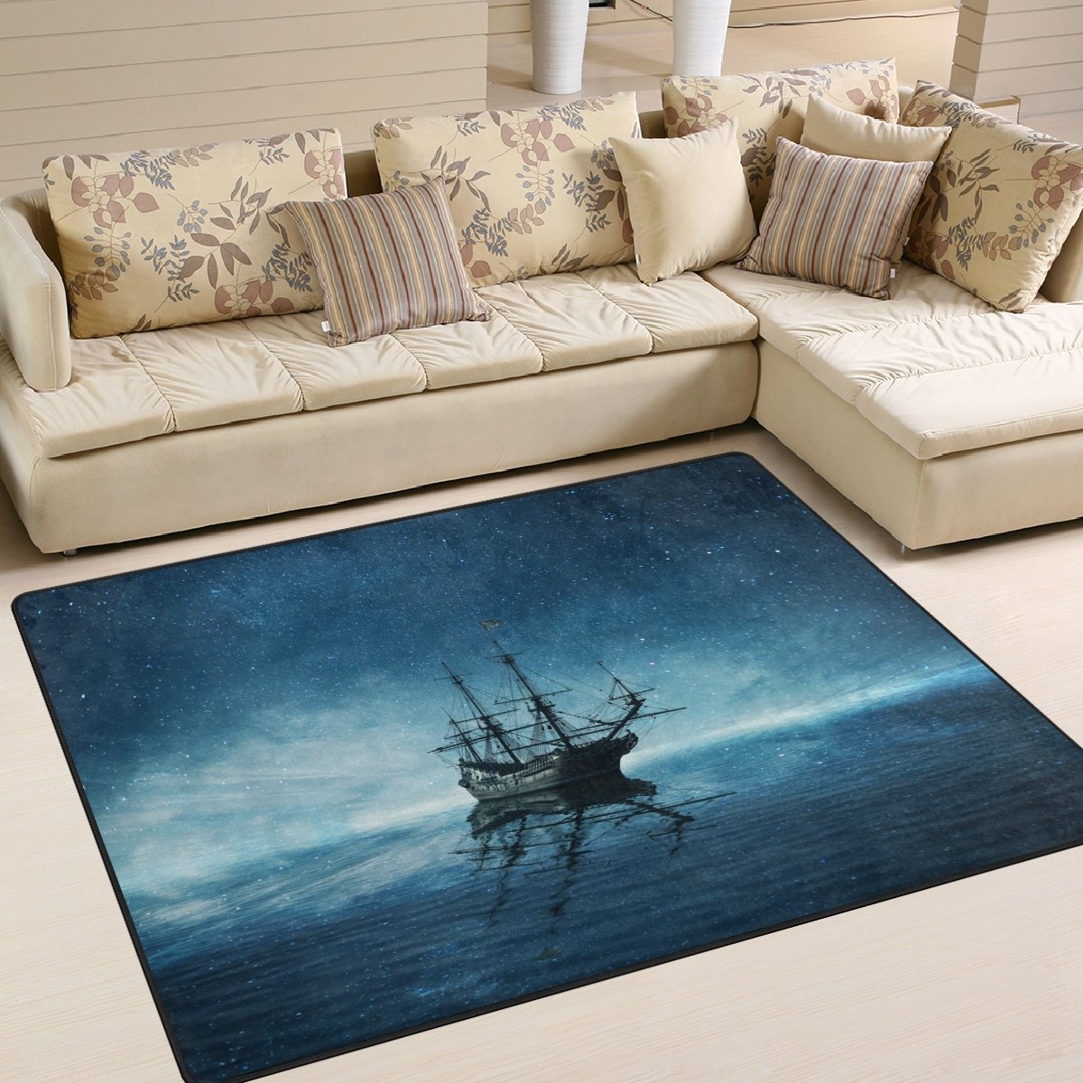 ALAZA Ghost Pirate Ship Starry Night Ocean Themed Area Rug - 7' x 5' Non-Slip Living Room & Bedroom Carpet - Perfect for Nautical Decor, Kids Room, and Coastal Home Design