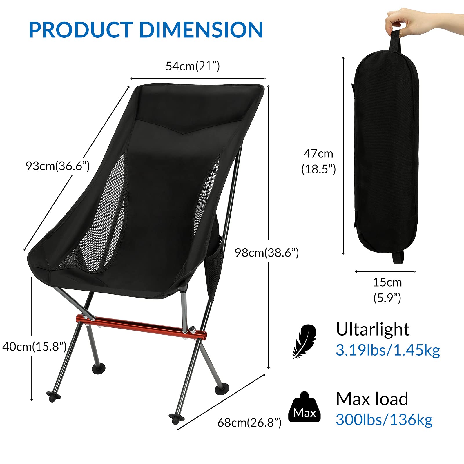 Premium All-Aluminum Folding Camping Chair for Adults - Heavy Duty Portable High Back Collapsible Chair with Built-in Pillow & Side Pocket - Perfect for Backpacking, Hiking, Beach, Picnics, Outdoor Concerts & Tailgating