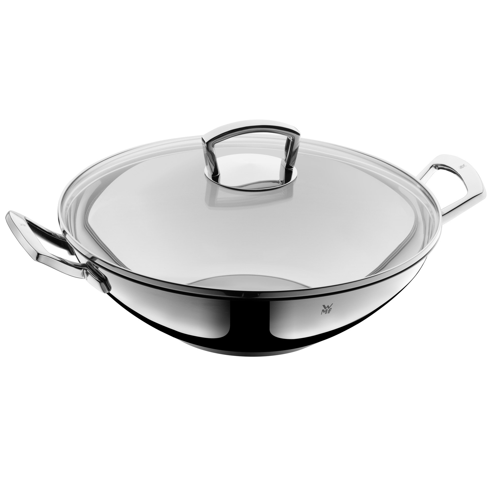 WMF 36cm Uncoated Silver Wok Set with Pouring Rim - 2-Piece Nonstick Stir Fry Pan for Asian Cooking, Home Kitchen & Professional Chef Use