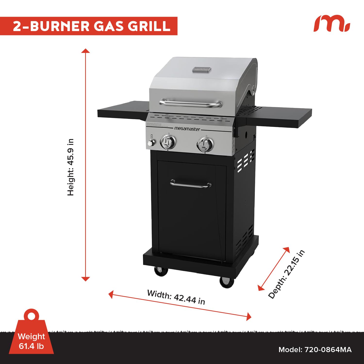 2-Burner Propane Gas Grill with Foldable Side Tables - 28,000 BTU Outdoor BBQ Grill for Camping, Backyard, Patio & Picnics - Silver & Black (Model 720-0864MA) | Ideal for Tailgating, Family Gatherings & Summer Cookouts