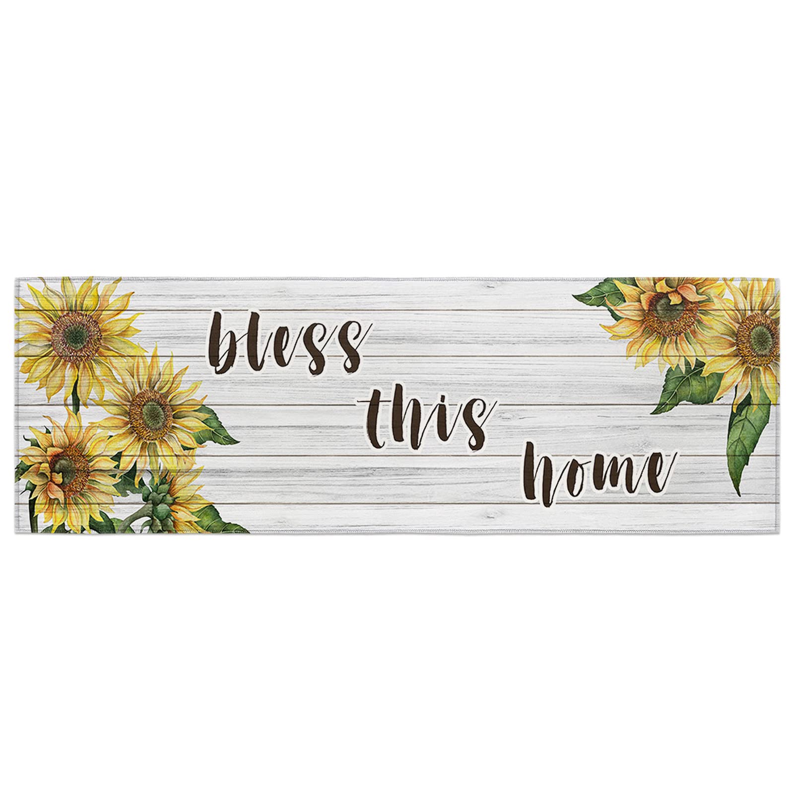 Non-Slip Farmhouse Watercolor Sunflower Kitchen Runner Rug - Anti-Skid Hallway Carpet with Rustic Wood Grain Design for Entryway, Laundry Room & Indoor Floor Decor - Perfect for Farmhouse, Cottage & Boho Home Styles