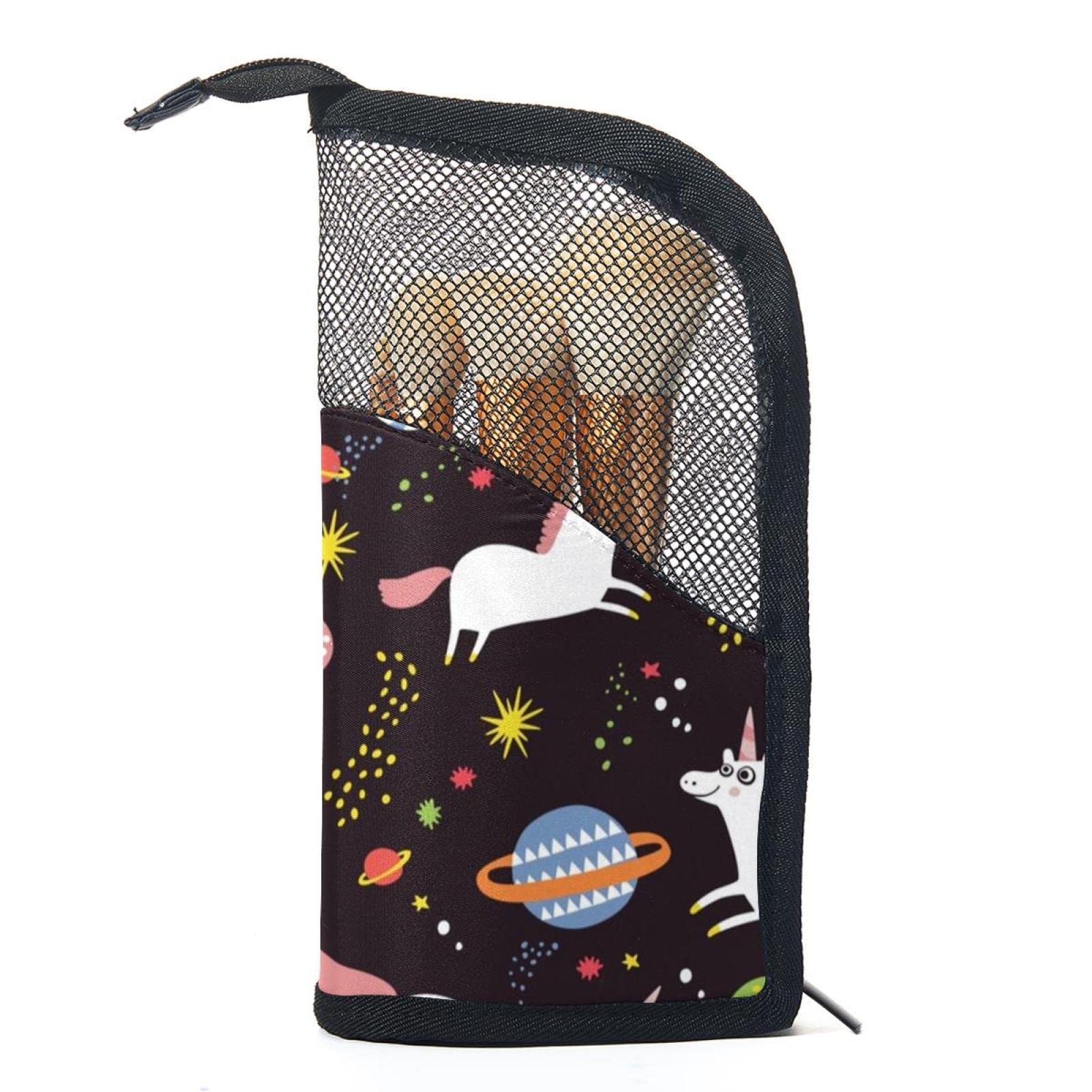 12-Piece Makeup Brush Organizer Bag with Space Planet & Unicorn Design - Portable Cosmetic Brush Holder Case for Travel, Home Vanity & Professional Makeup Artists
