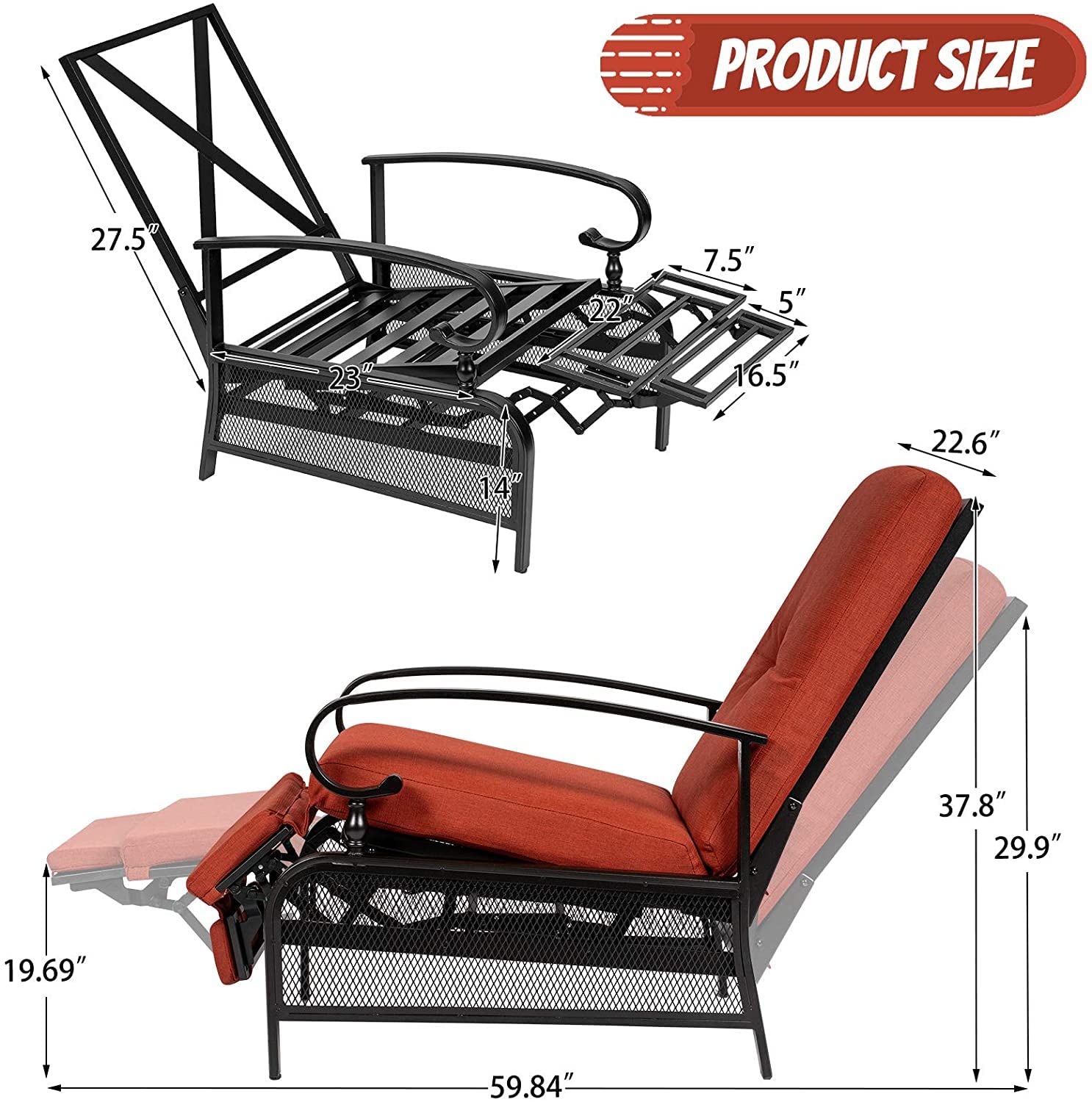 Incbruce 2-Piece Outdoor Lounge Chair Set with Adjustable Recliner, Retractable Steel Frame & Removable Thick Cushions - Red Patio Furniture for Poolside, Garden, Deck, and Backyard Relaxation