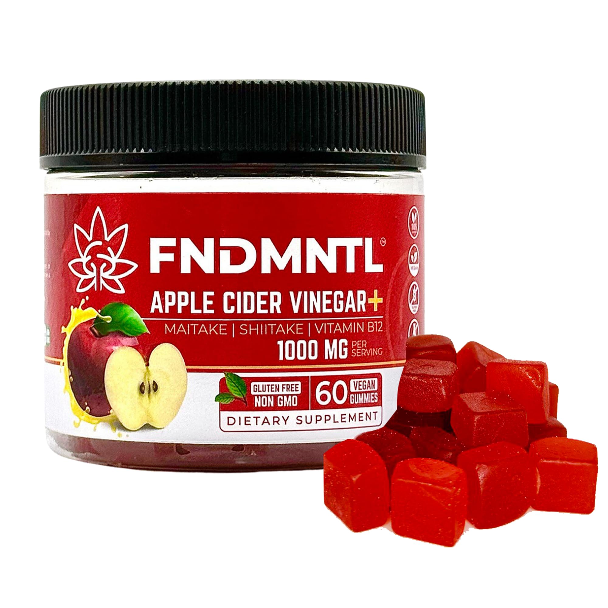 FNDMNTL Apple Cider Vinegar Gummies with Maitake & Shitake Mushrooms | 1000mg Vitamin B12 Supplement | 60 Count | Gelatin-Free, Gluten-Free, Vegan & Non-GMO | Supports Digestion, Weight Management & Immune Health