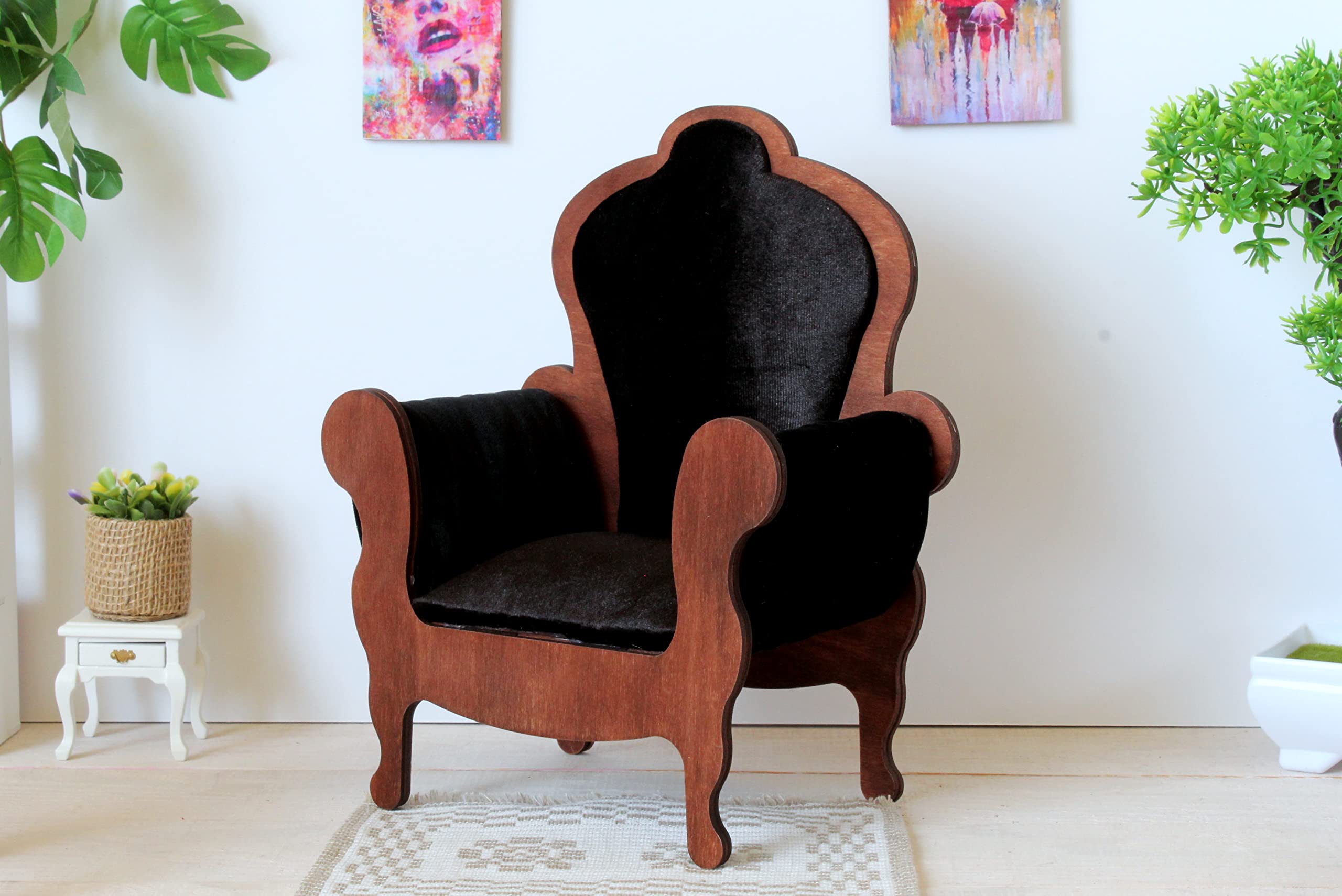 1:6 Scale Miniature Dollhouse Throne Chair - Handmade Wooden Furniture with Velvet Upholstery for Doll Display, Photography & Collectibles