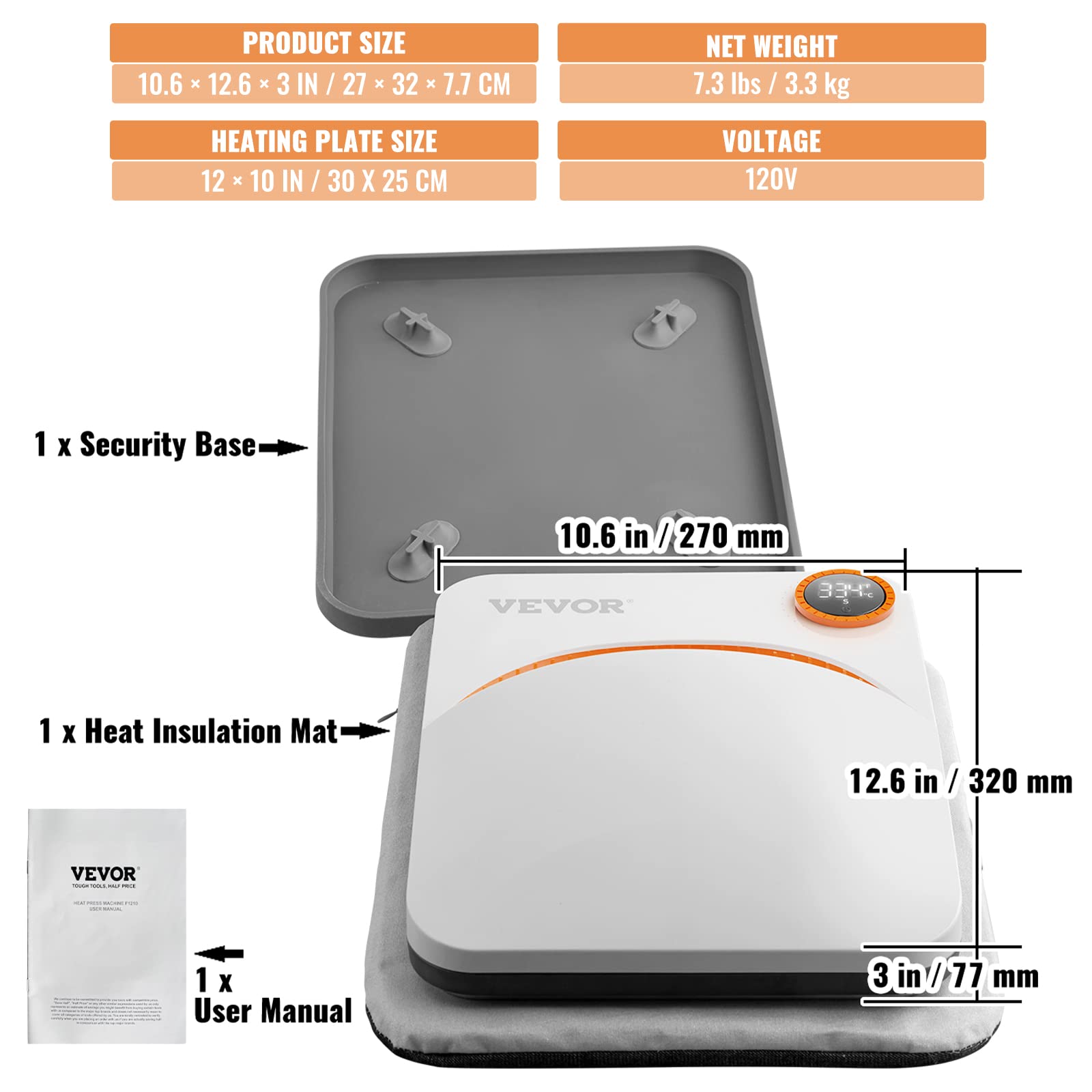 VEVOR 10x12 Inches Heat Press Machine for T-Shirts, Bags, HTV & Pillows - Portable Sublimation Transfer Press with Teflon Coating - Perfect for DIY Vinyl Projects, Home Crafting & Small Business Printing